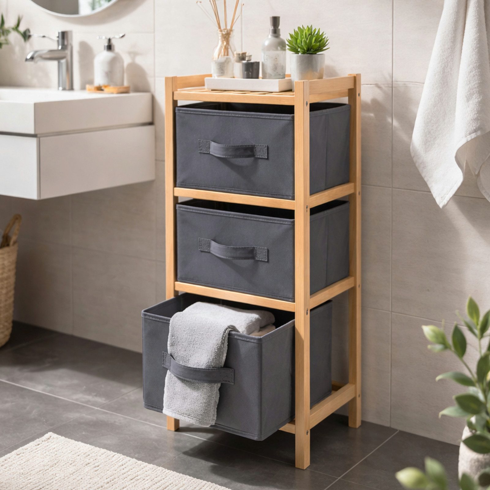 Koopman Mehrzweckregal Badregal Aufbewahrungsregal Regal Holz 65x27x25cm 3 Fächer, 1-tlg., 3 Stofffächer, 3 Ebenen, Mit Griff, Standsicher, Schlicht