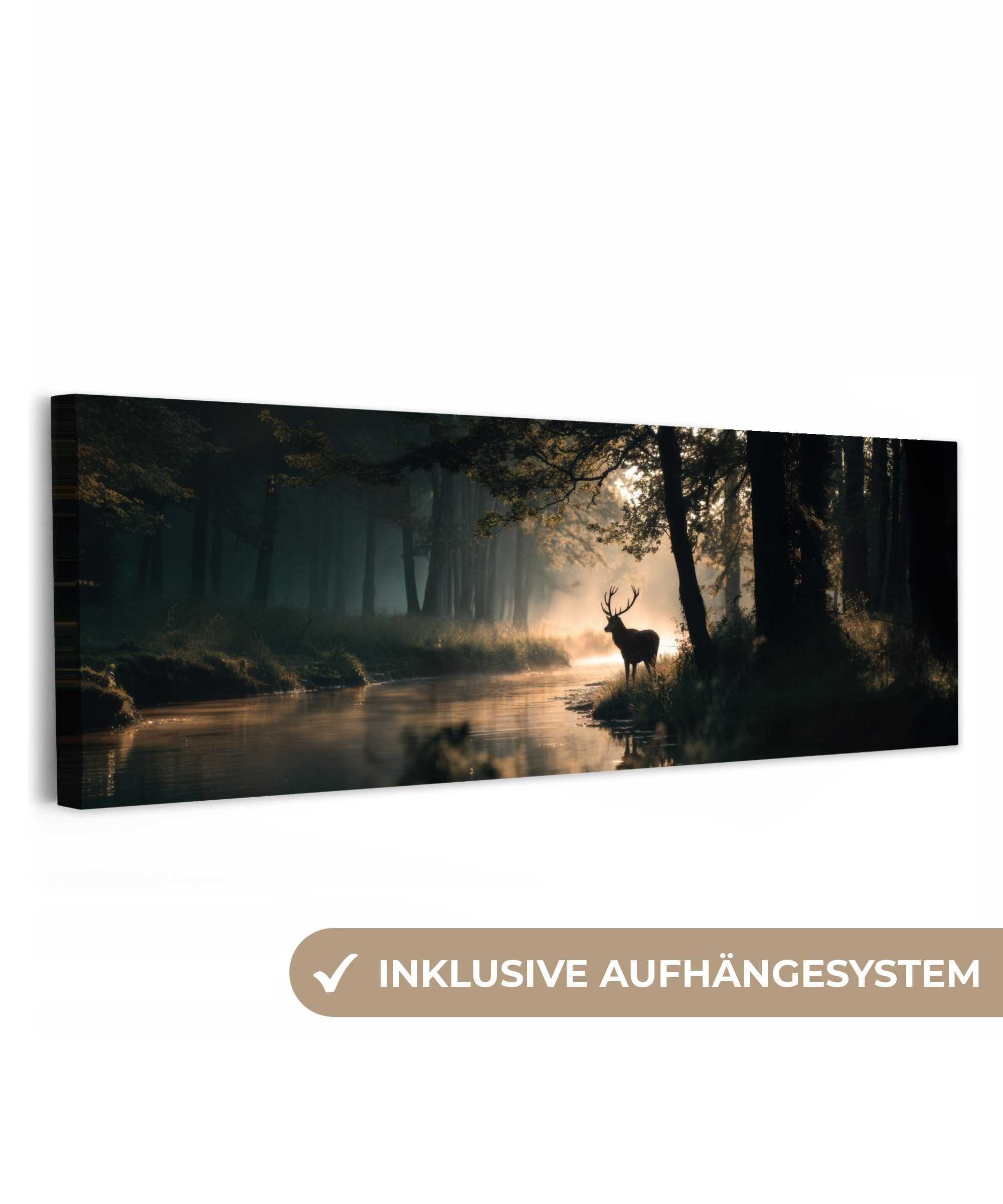 OneMillionCanvasses® Leinwandbild Panorama Hirsche - Waldbach - Mystisch, F günstig online kaufen
