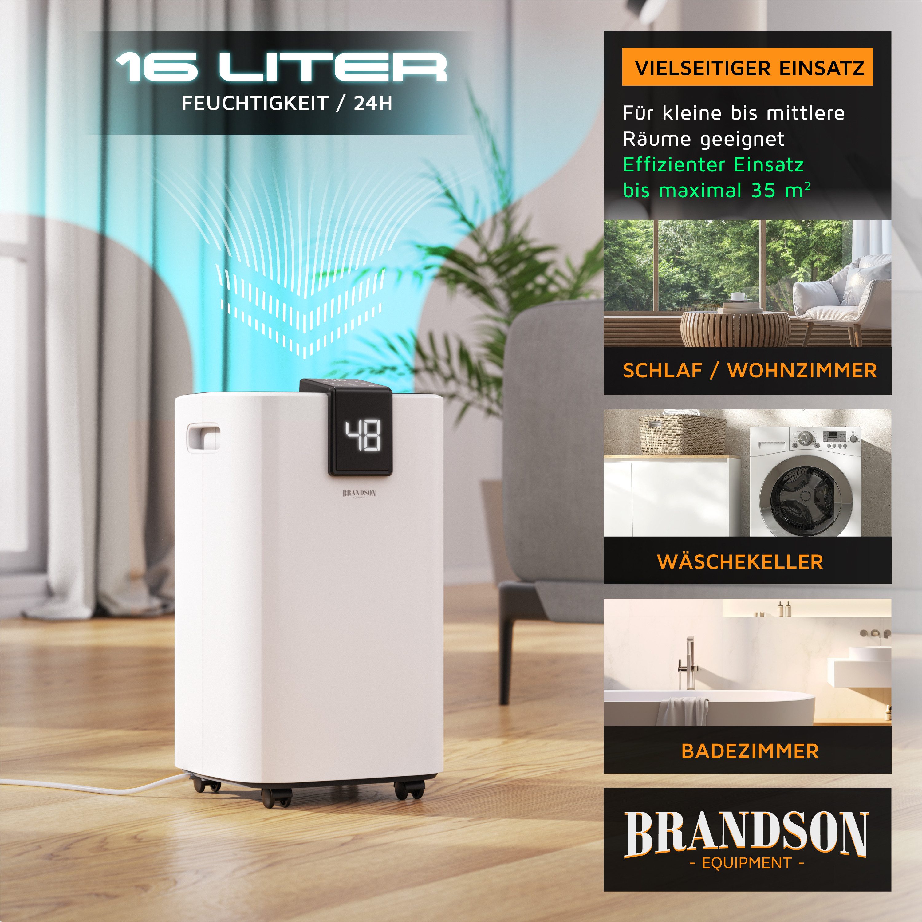 Brandson Luftentfeuchter Kompressor, 16L/24h, Raumentfeuchter, 35m², Automatik, Timer, Entfeuchtung 16 l/Tag, Tank 2,2 l, Ablaufschlauch, Wäschetrocknen, 2,2L Tank, Defrost, Rollen