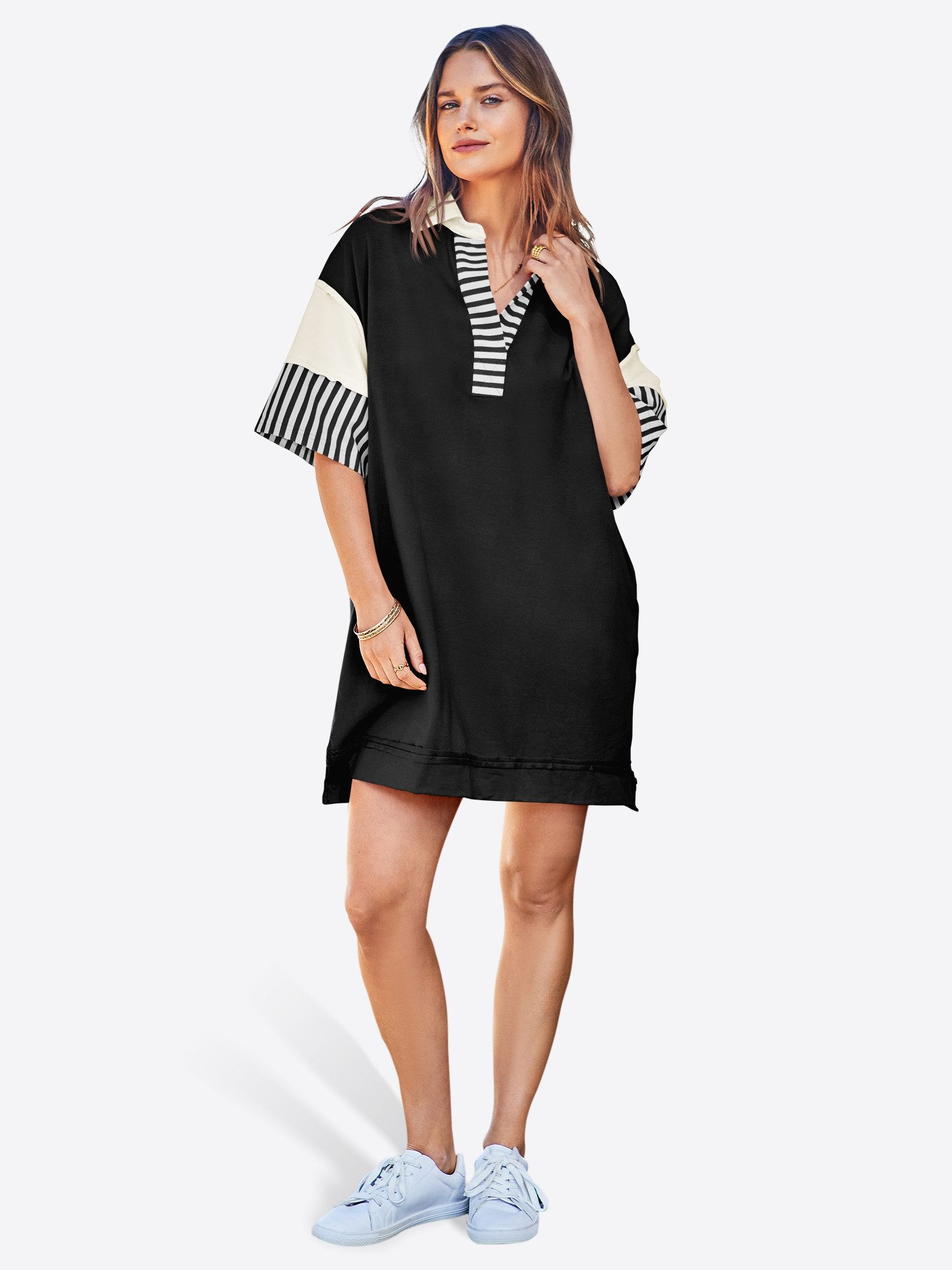 Imily Bela Minikleid Damen Polo Oversized Sweatshirt Kleider (Packung, 1-tlg., 1per-Pack) mit V-Ausschnitt – Bild 4 von 5