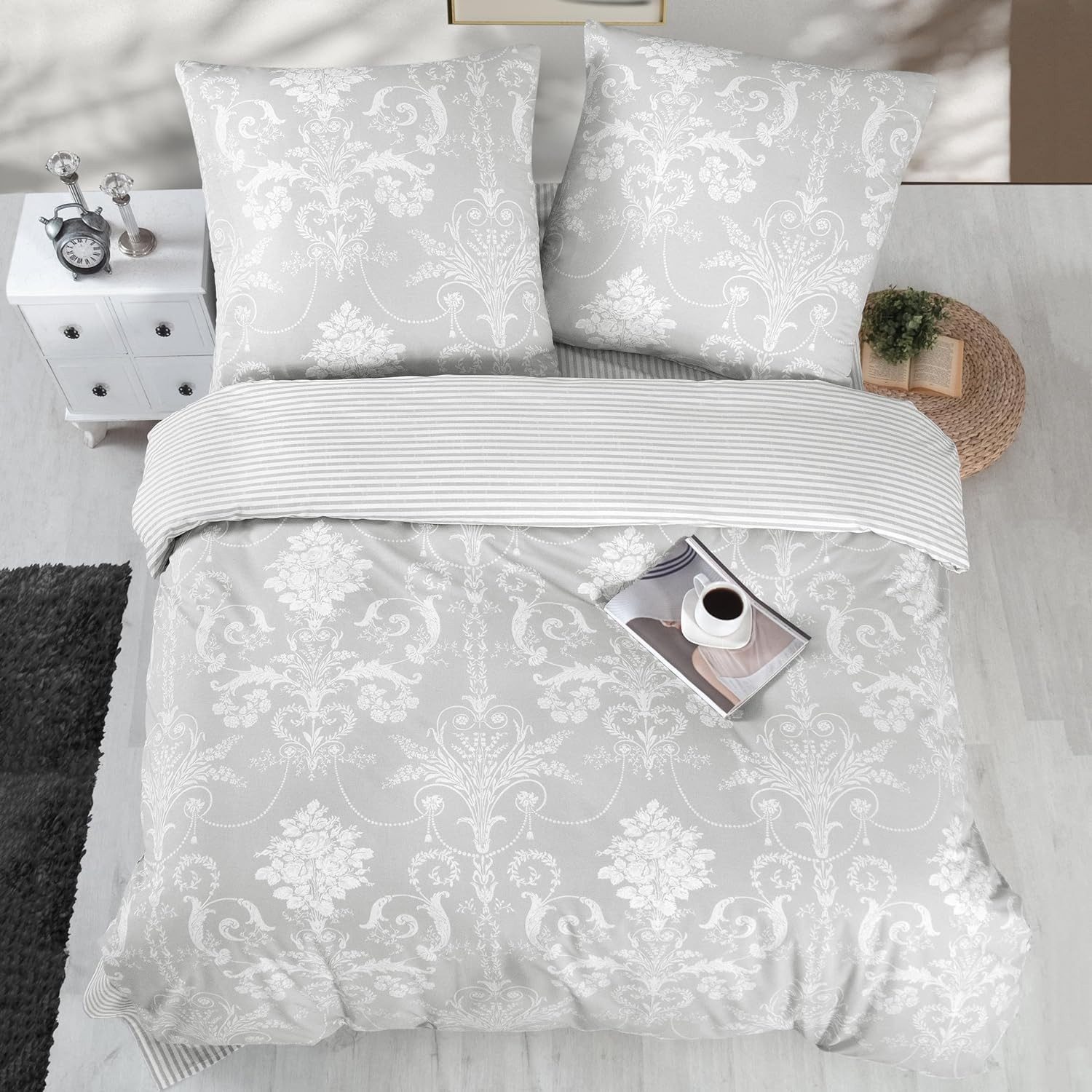 ZIRVEHOME Bettwäsche Baumwolle Grau Weiß – Bettbezug Barock Ganzjahresbettwäsche, Renforce, 2 teilig, 135x200 Baumwolle Weiß Grau Bettbezug Atmungsaktiv Hautfreundlich