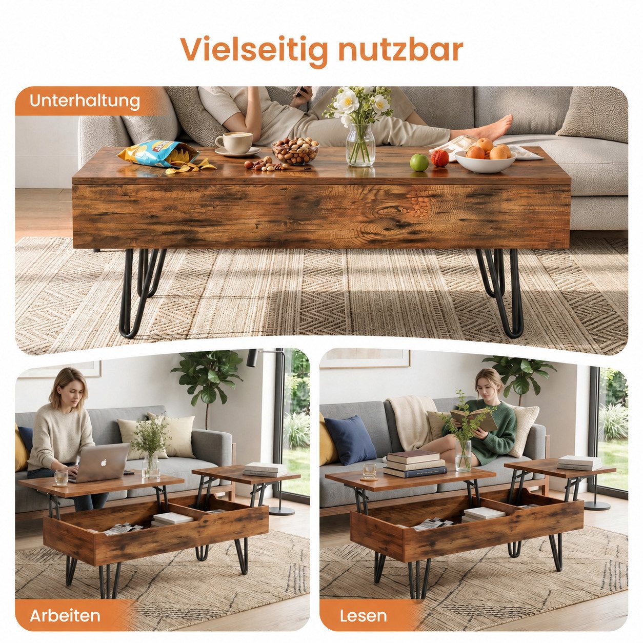 Gunuss Couchtisch höhenverstellbarer Wohnzimmertisch 100 *50*45cm Ablagefach Sofatisch (Kaffeetisch Ausziehbare Tischplatte, Auszug), Beistelltisch mit Doppelte – Bild 3 von 5