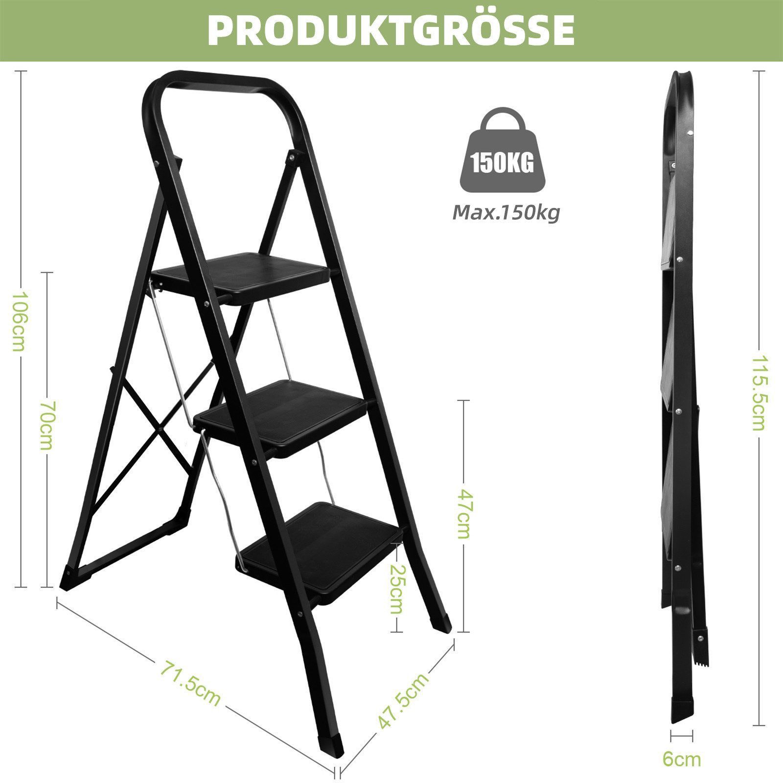 OZAVO Trittleiter 3 stufen Mit 30cm extrabreiten rutschfesten Trittstufen (Eisen Stehleiter, Multifunktionsleiter), Klapptritt Leiter mit 3 Stufen & Handlauf St – Bild 5 von 5