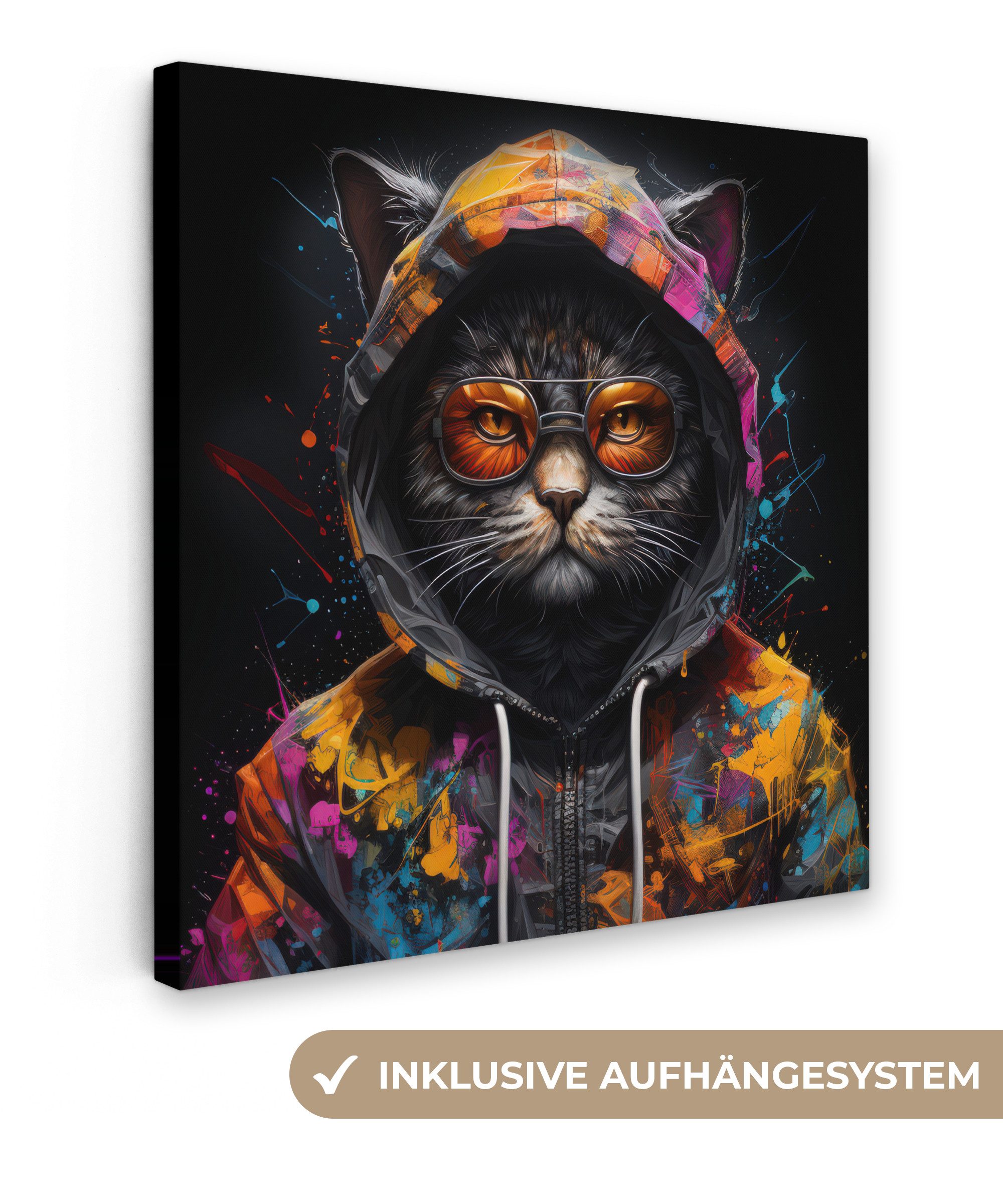 OneMillionCanvasses® Leinwandbild Katze - Mantel - Graffiti - Brille - Schwarz, Fotodruck (1 St), Wandbild, Deko Schlafzimmer Wohnzimmer Flur 20x20 cm