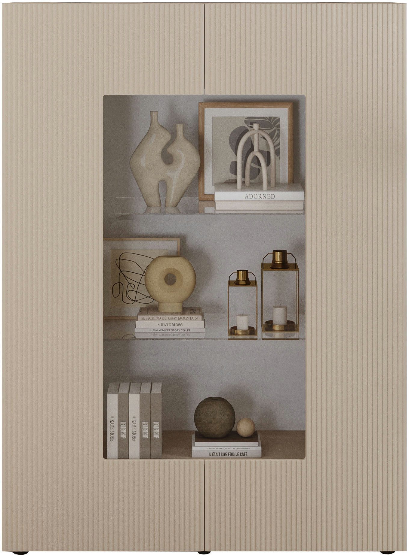 Home affaire Vitrine RIO, Höhe 166 cm, Hochschrank mit 2 Türen, Anrichte, Standvitrine Vitrinenschrank, geriffelte MDF-Fronten, modern, elegant, geräumig