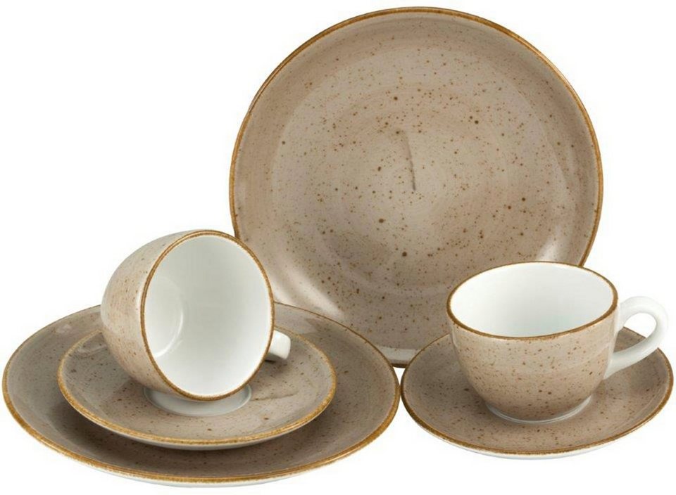 CreaTable Kaffeeservice Geschirr-Set VINTAGE NATURE (6-tlg), 2 Personen,  Porzellan, Service, handgemalt, gesprenkelt, 6 Teile, für 2 Personen,  Single Set als Toptrend, hier in der Farbe Taupe