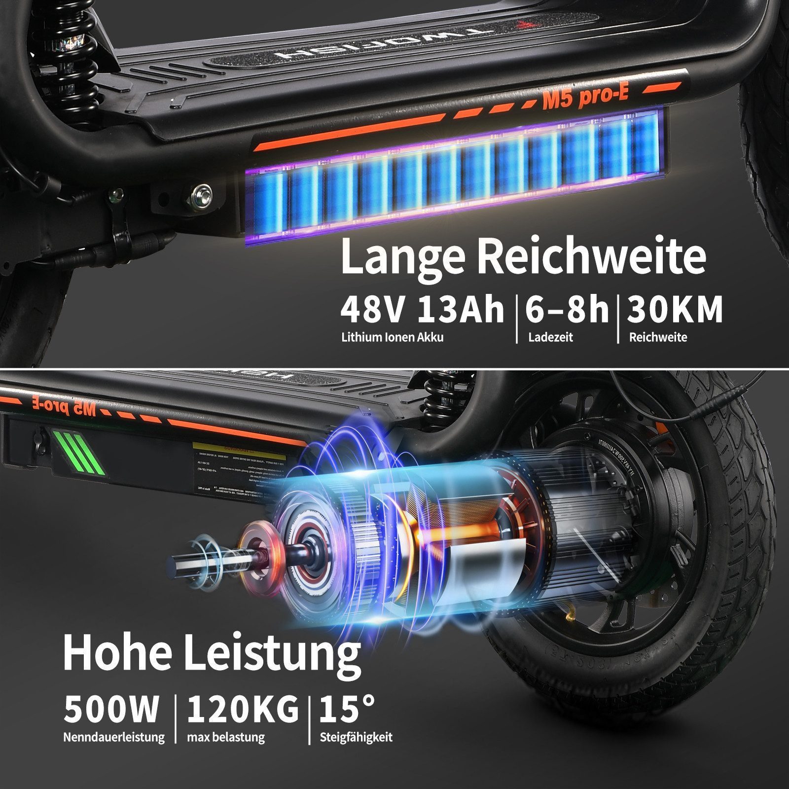 Twofish E-Motorroller M5 PRO-E EEC (EEC-zertifiziert) mit Sitz & Heckkorb, 40 km/h, 30 km Reichweite, Doppelscheibenbremsen, Stoßdämpfer vorne und hinten
