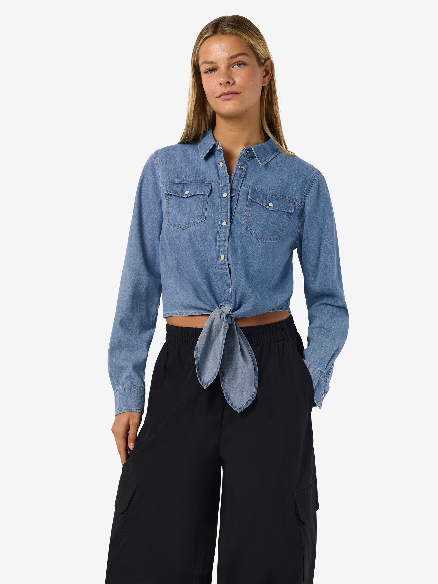 Noisy may Blusenshirt Locker Geschnittene Jeansbluse Kentkragen Rundhalsausschnitt (1-tlg) NMHELSA L/S TIE SHIRT MG002LB