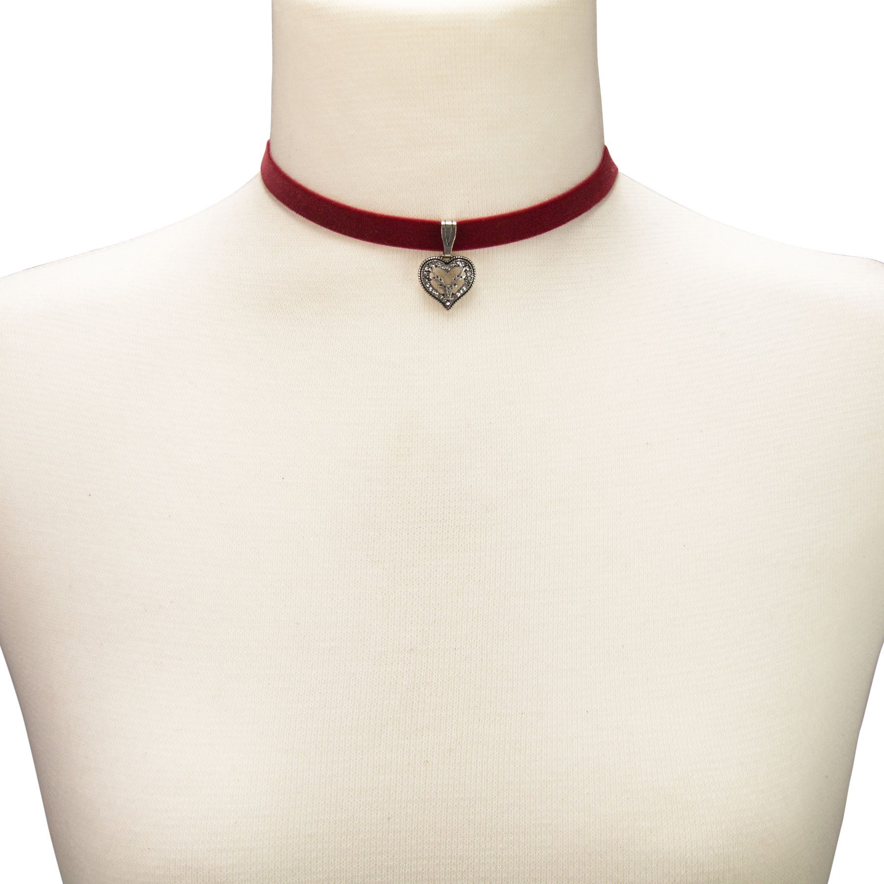 Alpenflüstern Choker Trachten-Samt-Kropfband Strassherz-Hirsch (dunkel-rot), - nostalgische Trachtenkette enganliegend, Kropfkette elastisch, Damen – Bild 3 von 3