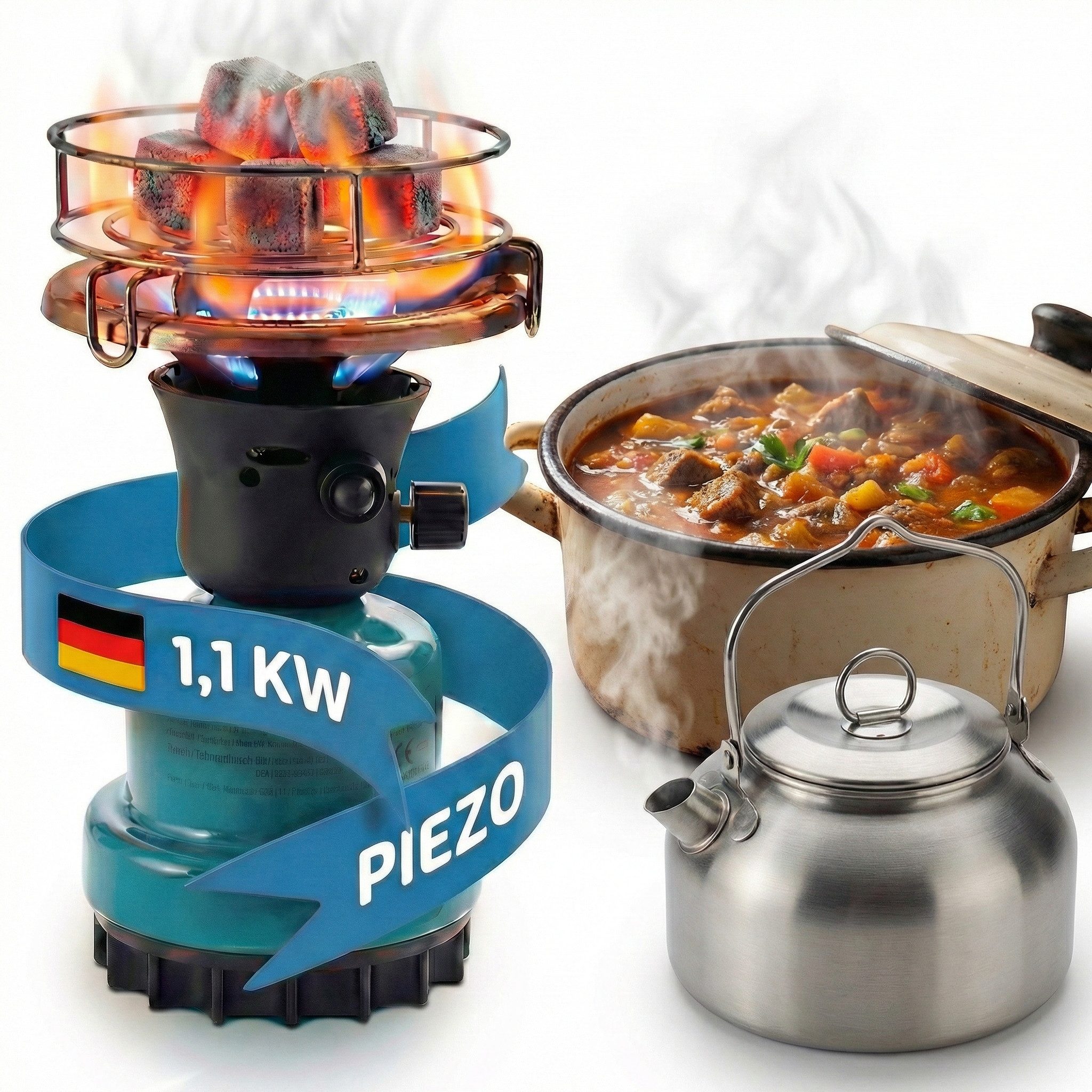 TOM Gaskocher Campingkocher optional mit 4x190g Gas Kartuschen CG-190 Butan Gas, (1-St), 1100W, Piezozündung, Windschutz, Kartuschen Kocher