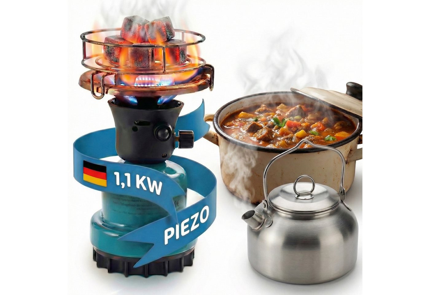 TOM Gaskocher Campingkocher optional mit 4x190g Gas Kartuschen CG-190 Butan Gas, (1-St), 1100W, Piezozündung, Windschutz, Kartuschen Kocher