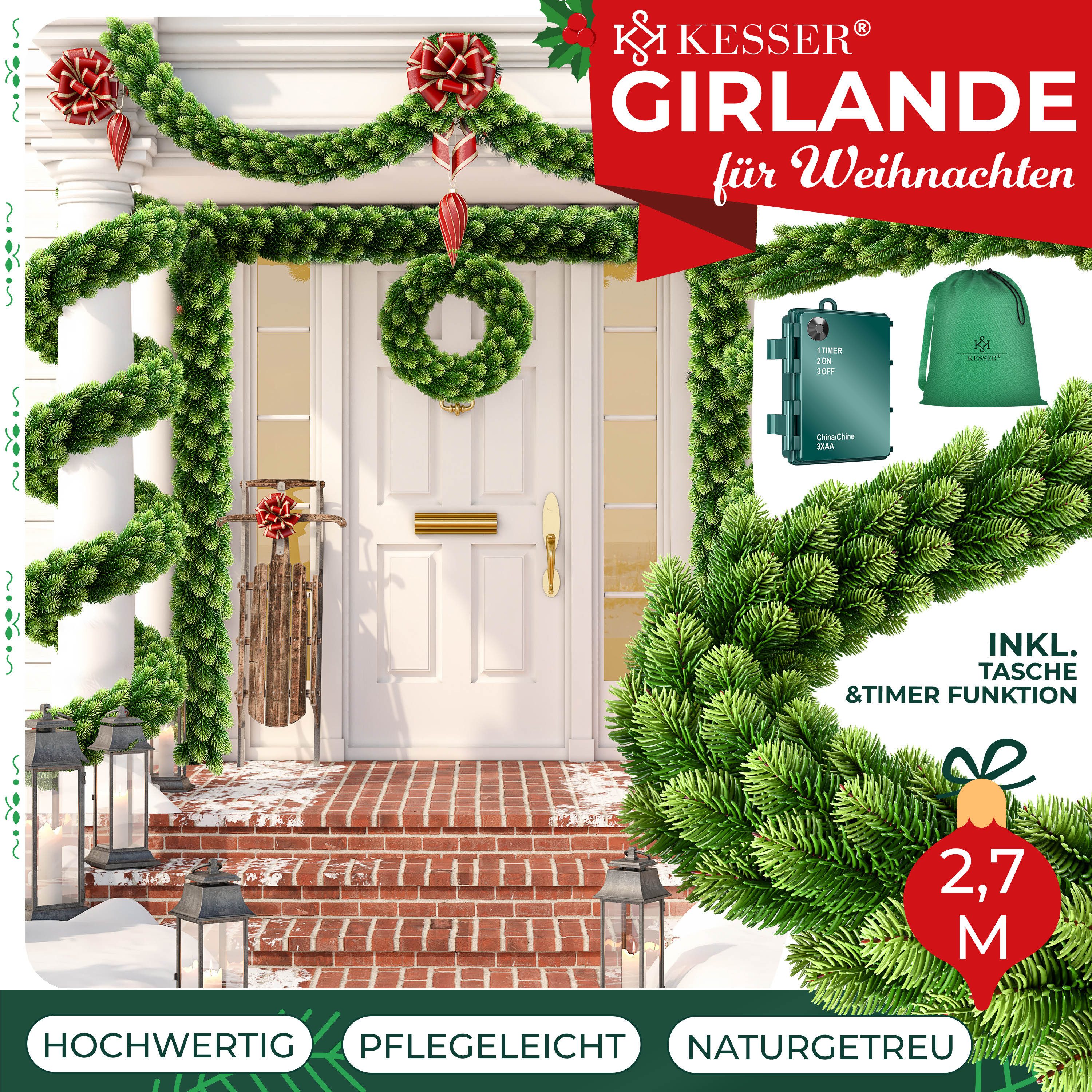 Kunstgirlande Weihnachtsgirlande 2,7m naturgetreue Girlande Weihnachtsdeko, KESSER, Tannengirlande für Treppen, Tür, Balkon inklusive Aufbewahrungstasche