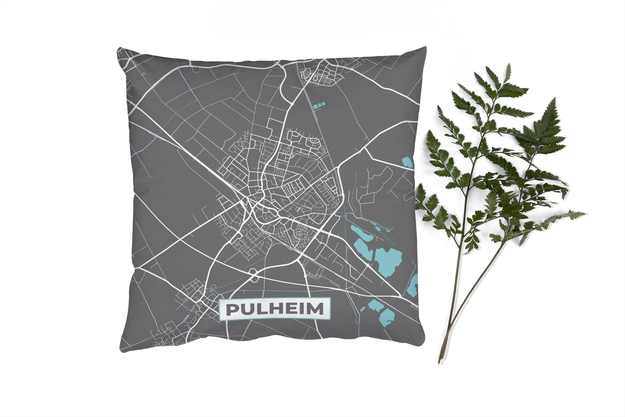 MuchoWow Dekokissen Stadtplan - Karte - Pulheim - Blau - Deutschland - Karte, Zierkissen mit Füllung für Wohzimmer, Schlafzimmer, Deko, Sofakissen