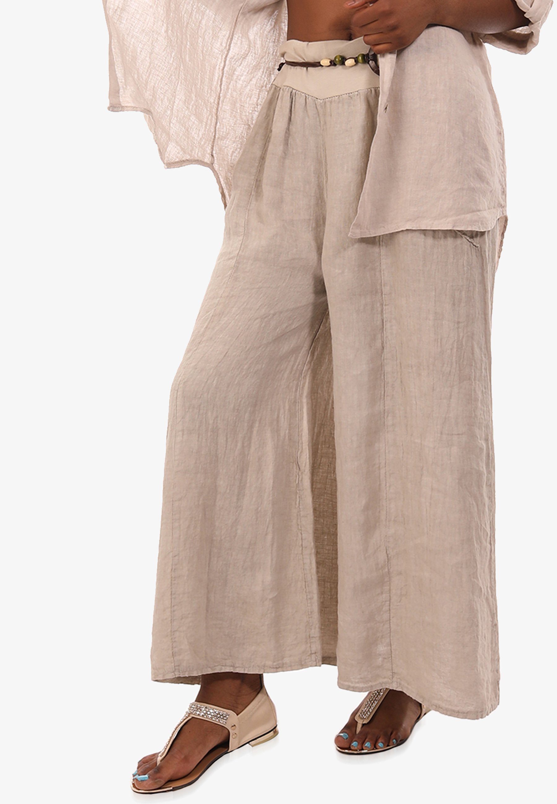 Leinenhose mit Style mit elastischem Fashion casual, Leinenhose weitem (1-tlg) & beige YC Bund Hosenrock Bein