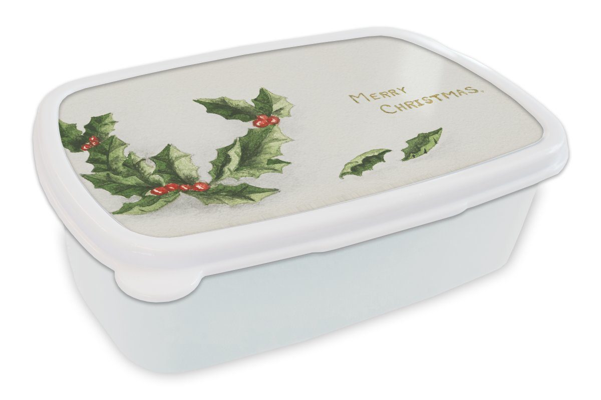 MuchoWow Lunchbox Weihnachten - Stechpalme - Weihnachtsschmuck, Kunststoff, (2-tlg), Brotbox für Kinder und Erwachsene, Brotdose, für Jungs und Mädchen weiß