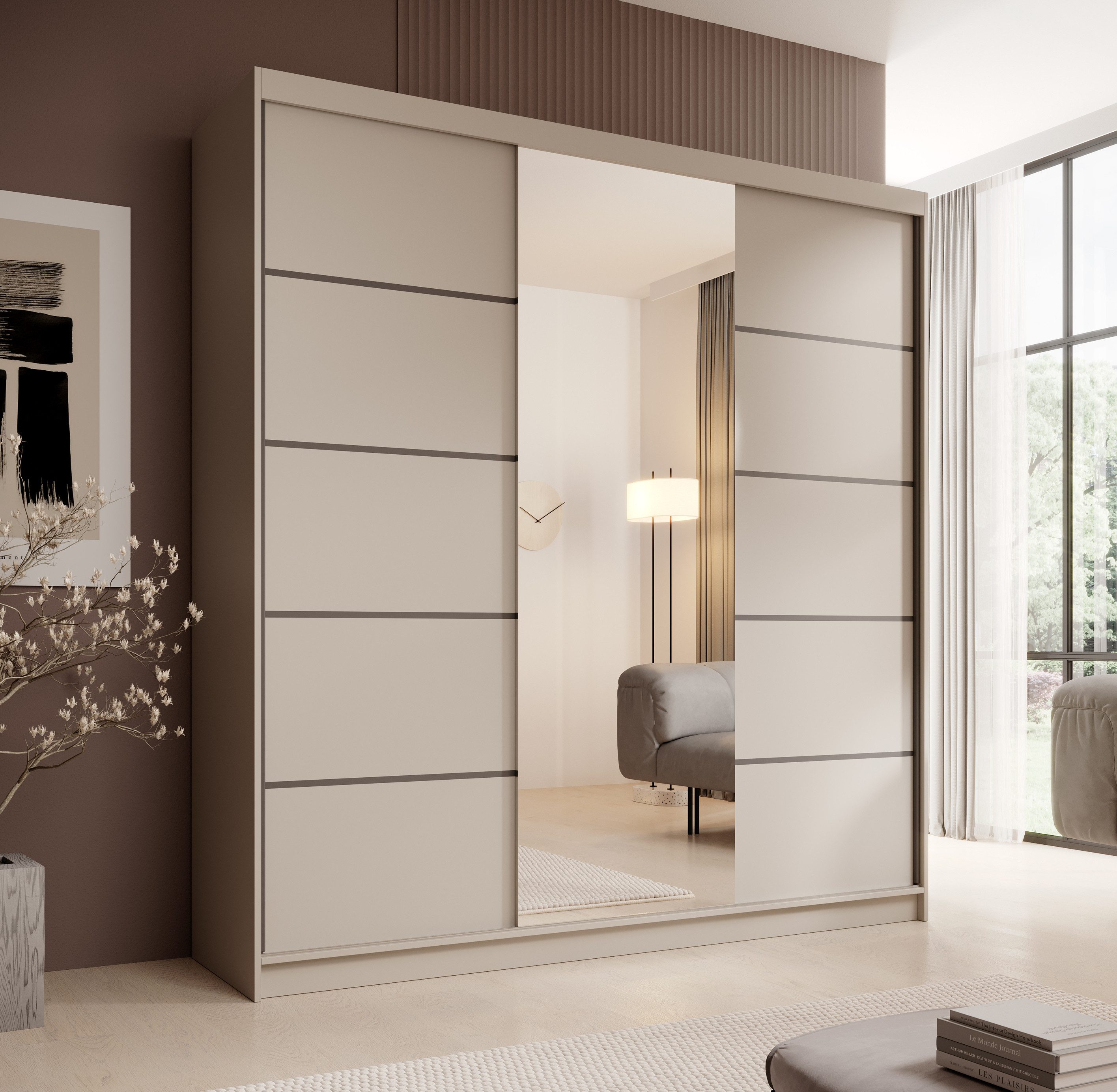 MOEBLO Schiebetürenschrank Lumis 200 (Moderner Kleiderschrank mit Spiegel für Schlafzimmer und Ankleidezimmer, 3 Schiebetüren, 11 Einlegeböden, stabile Kleiderstange, Schwebetürenschrank Schrank Garderobe Schiebtüren Schlafzimmer, Wohnzimmerschrank mit Spiegel) (BxHxT): 200x215x58 cm