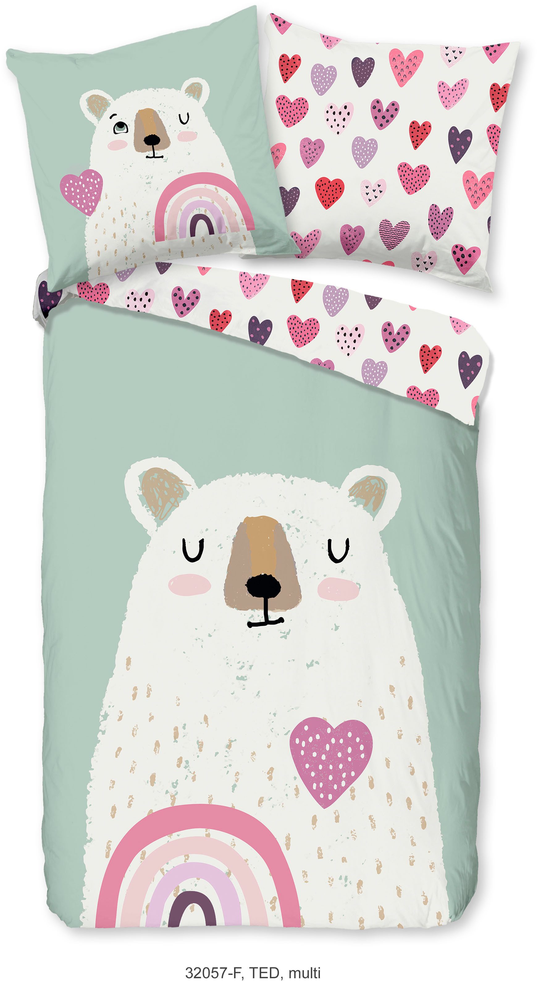 good morning Kinderbettwäsche Ted, Biber, Flanell, 2 teilig, Flanell, Biber, 135x200, Warm, Wende, Kind, Bär, Eisbär, minzgrün