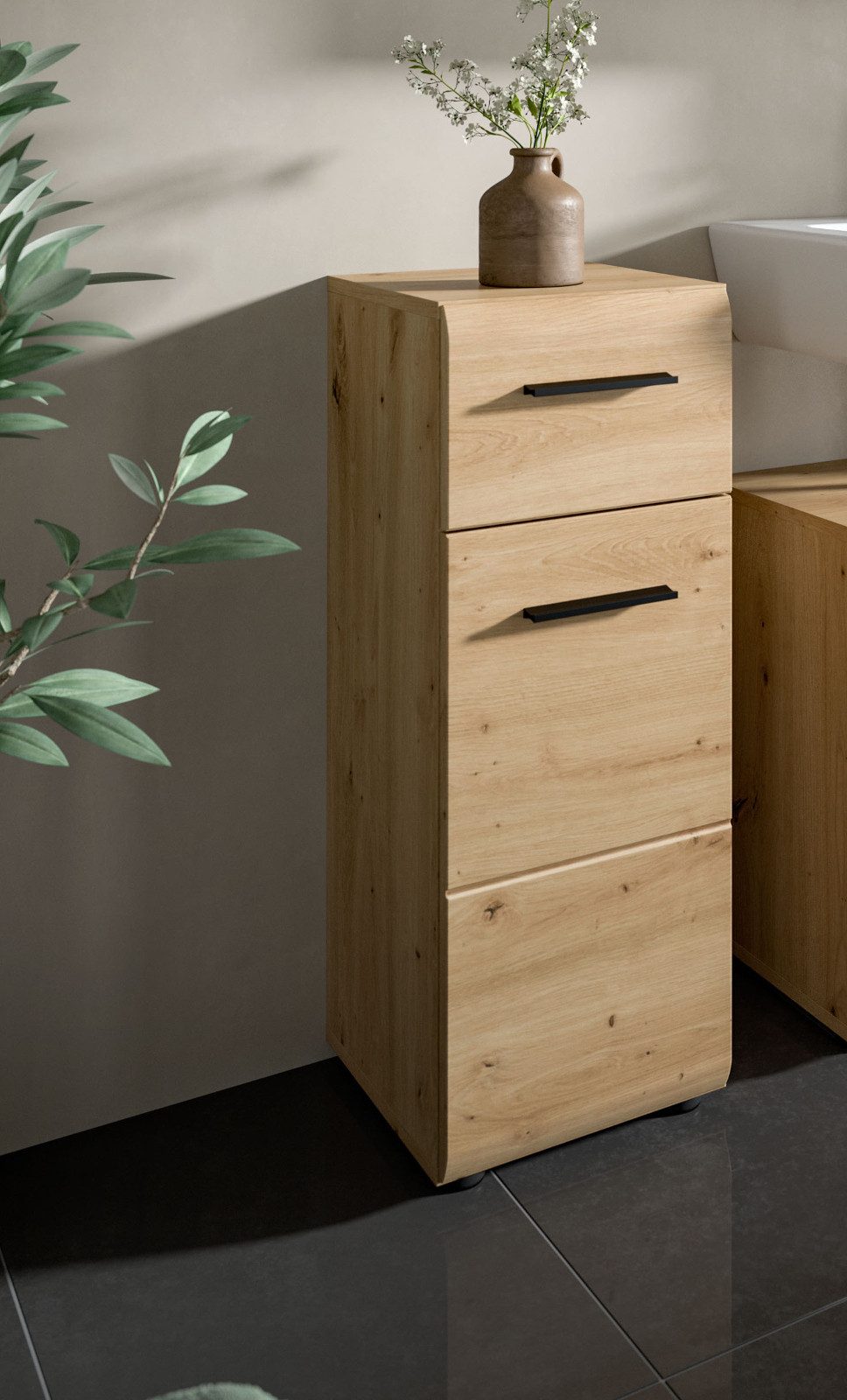 Inn.Furn Badkommode Cover (Badschrank in Eiche Artisan, Tür und Schubkasten, 30 x 80 cm), mit Vollauszug – Bild 3 von 5