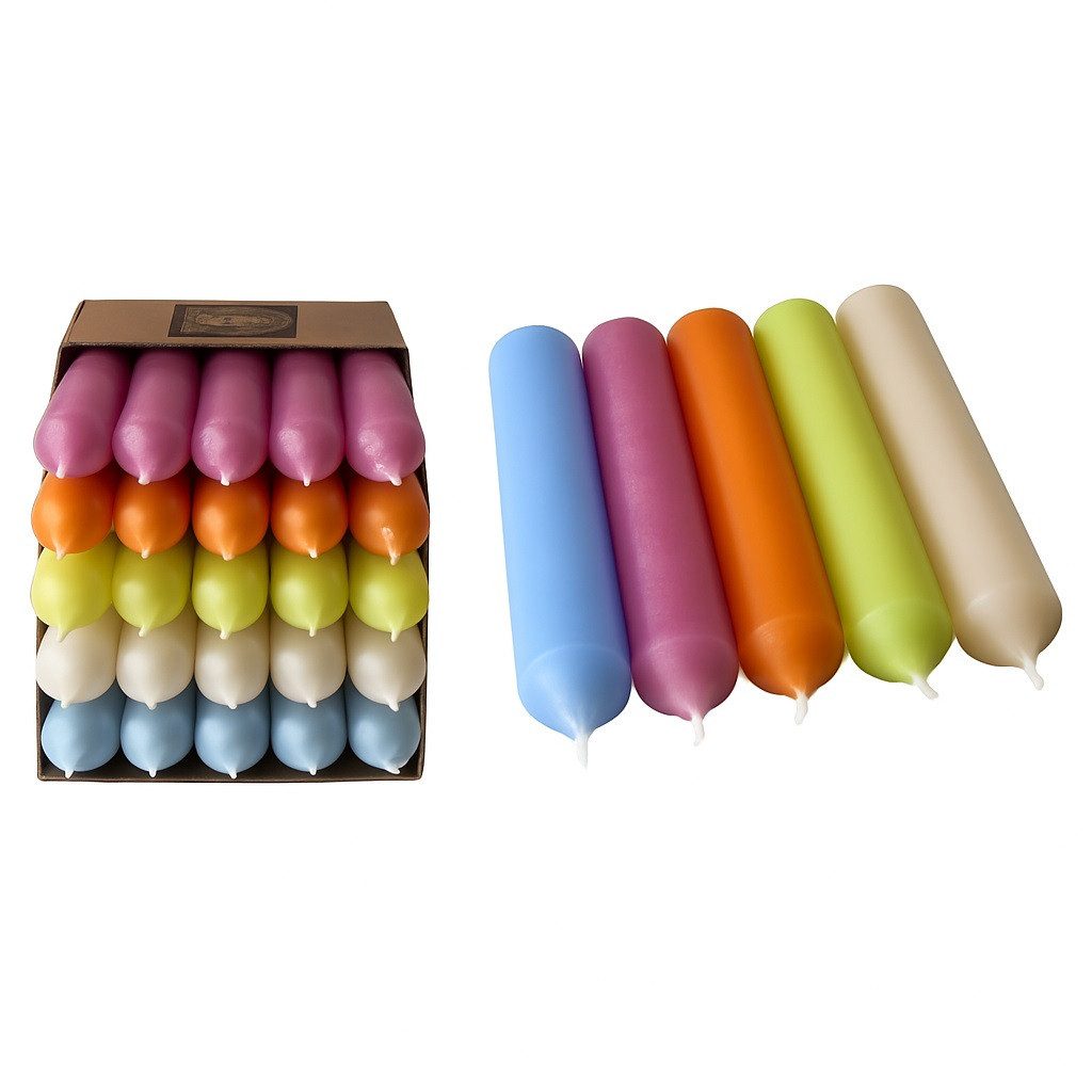 Hahn Kerzenfarm Spitzkerze Otto Kurze Stabkerzen in Pastell 10 cm Set 5, durchgängig gefärbt, RAL Farben, Made in Germany, tropffrei