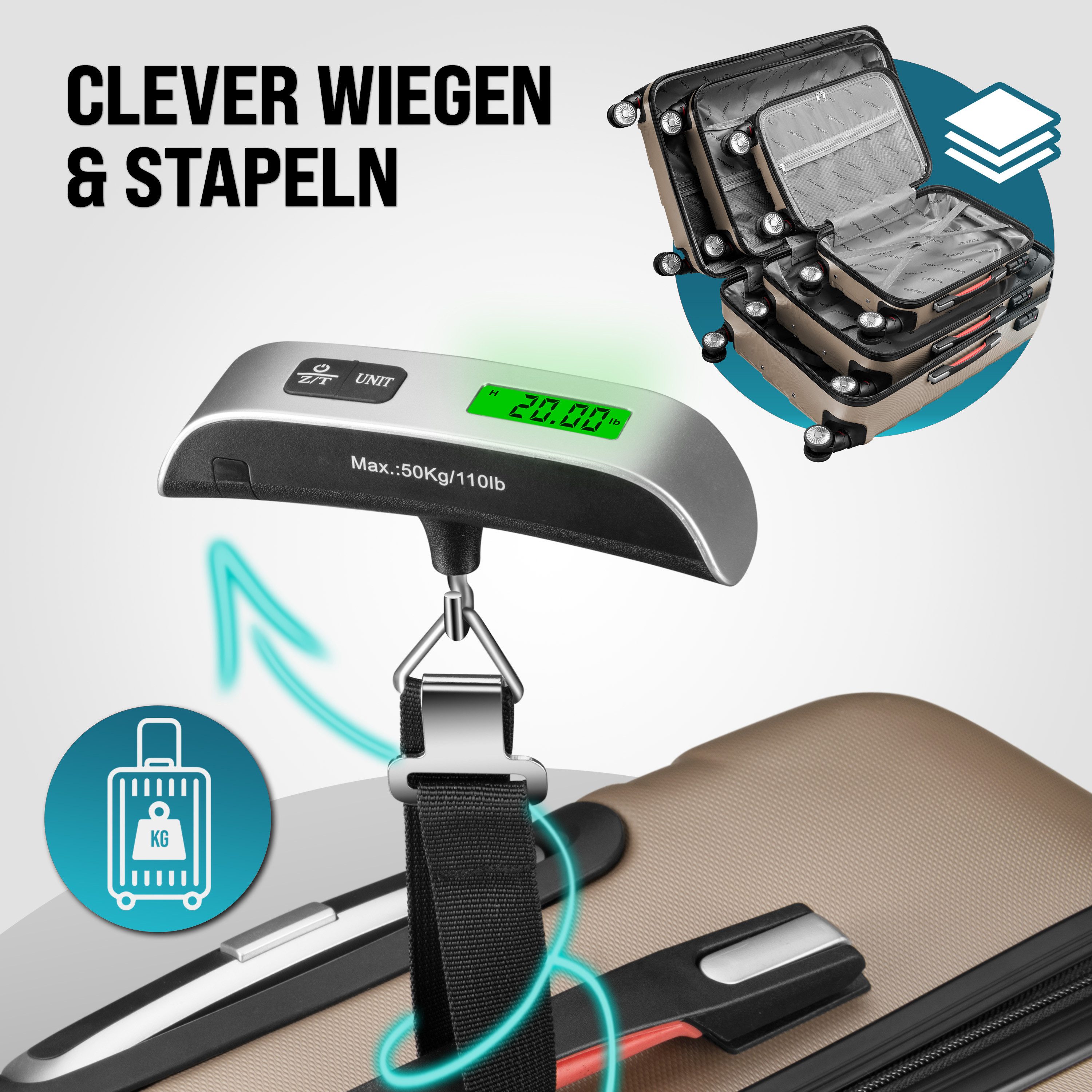 monzana Kofferset, Koffer Zwillingsrollen TSA Schloss Waage Gurt Reisekoffer Champagner