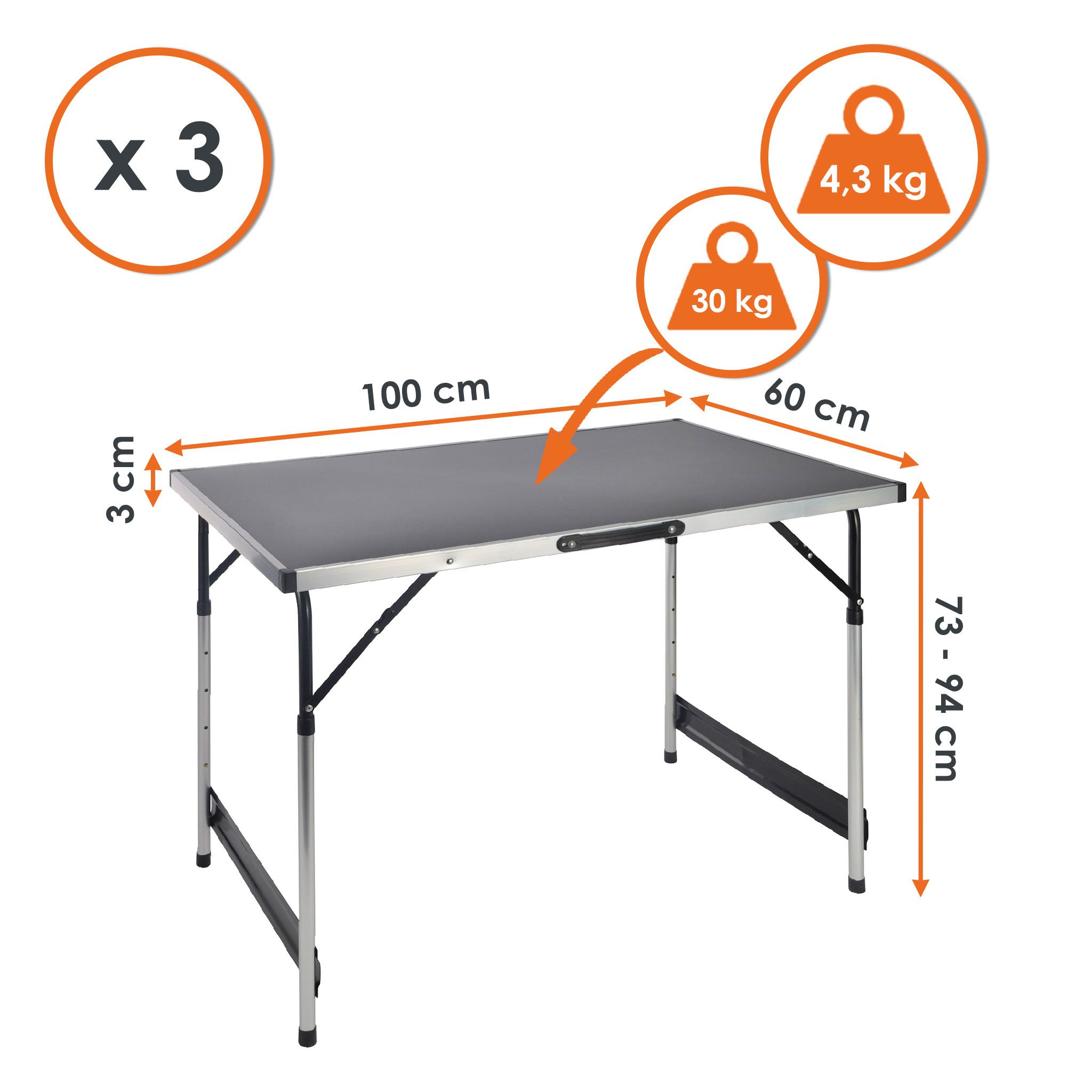 Spetebo Campingtisch Aluminium Campingtisch höhenverstellbar - 100 x 60 cm (Anzahl, 3-St., Stück), schnell aufzubauen mit praktischem Tragegriff