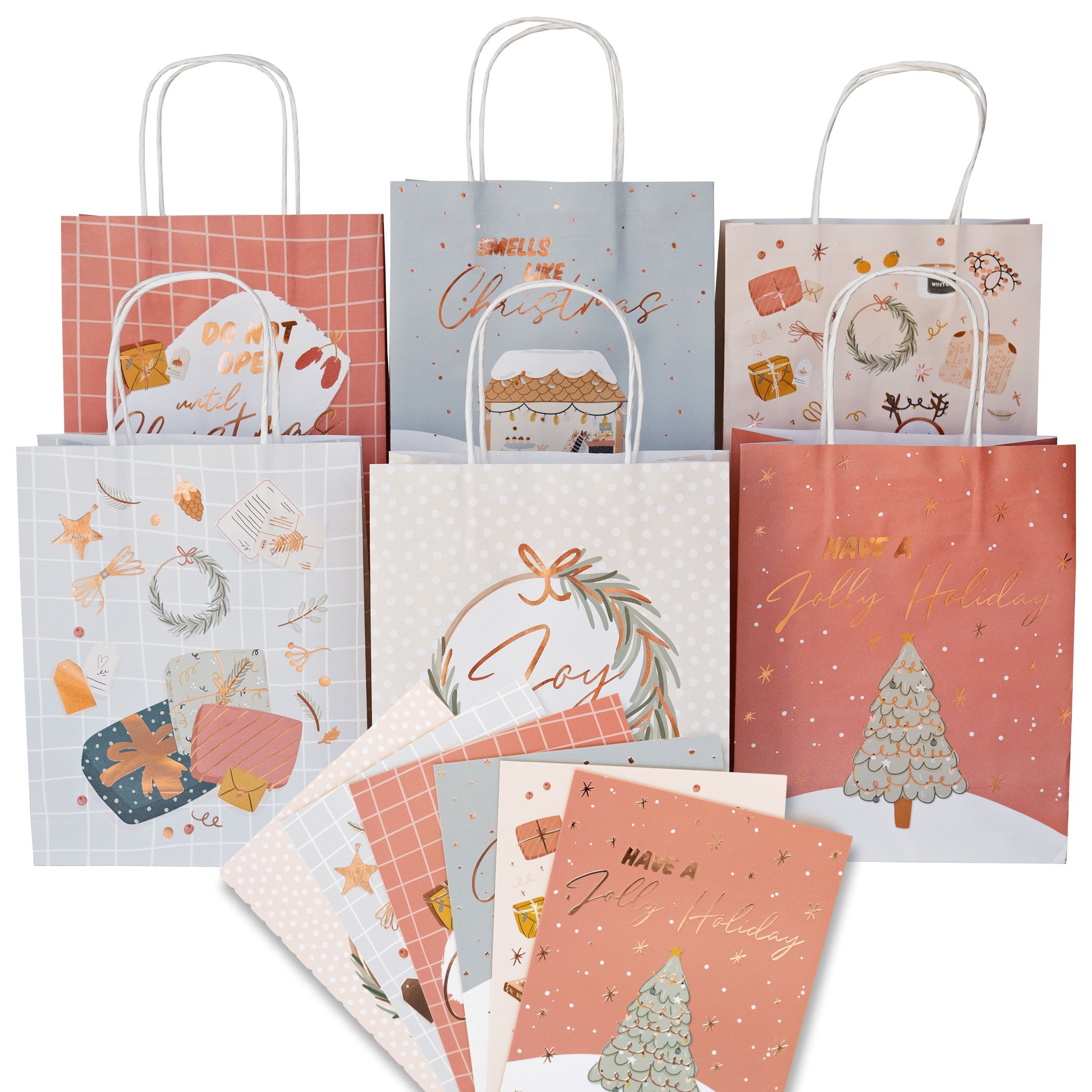 JOYIN Weihnachts-Geschenktüten Set – 6 Tüten + 6 Karten Aus Kraftpapier Für Festliche Verpackung