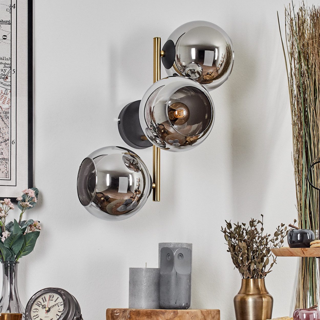 hofstein Wandleuchte Wandlampe aus Metall/Glas in Schwarz/Gold-/Chrom-/Rauchfarben, moderne Wandleuchte im Retro/Vintage-Design (Schirme 15 cm), E14