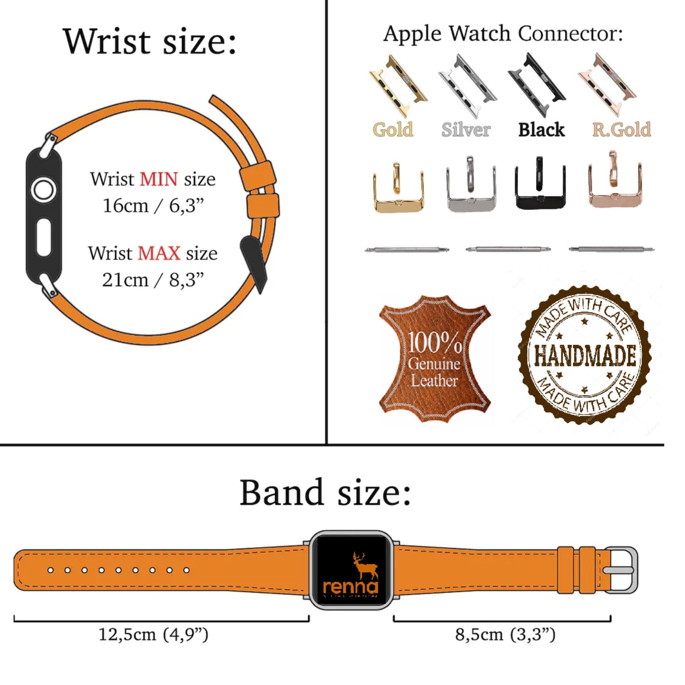 Ultra/9/8/7SE/6-1 Leather Apple Uhrenarmband Renna Series Watch Echtleder Band Ersatzarmband Schwarz für