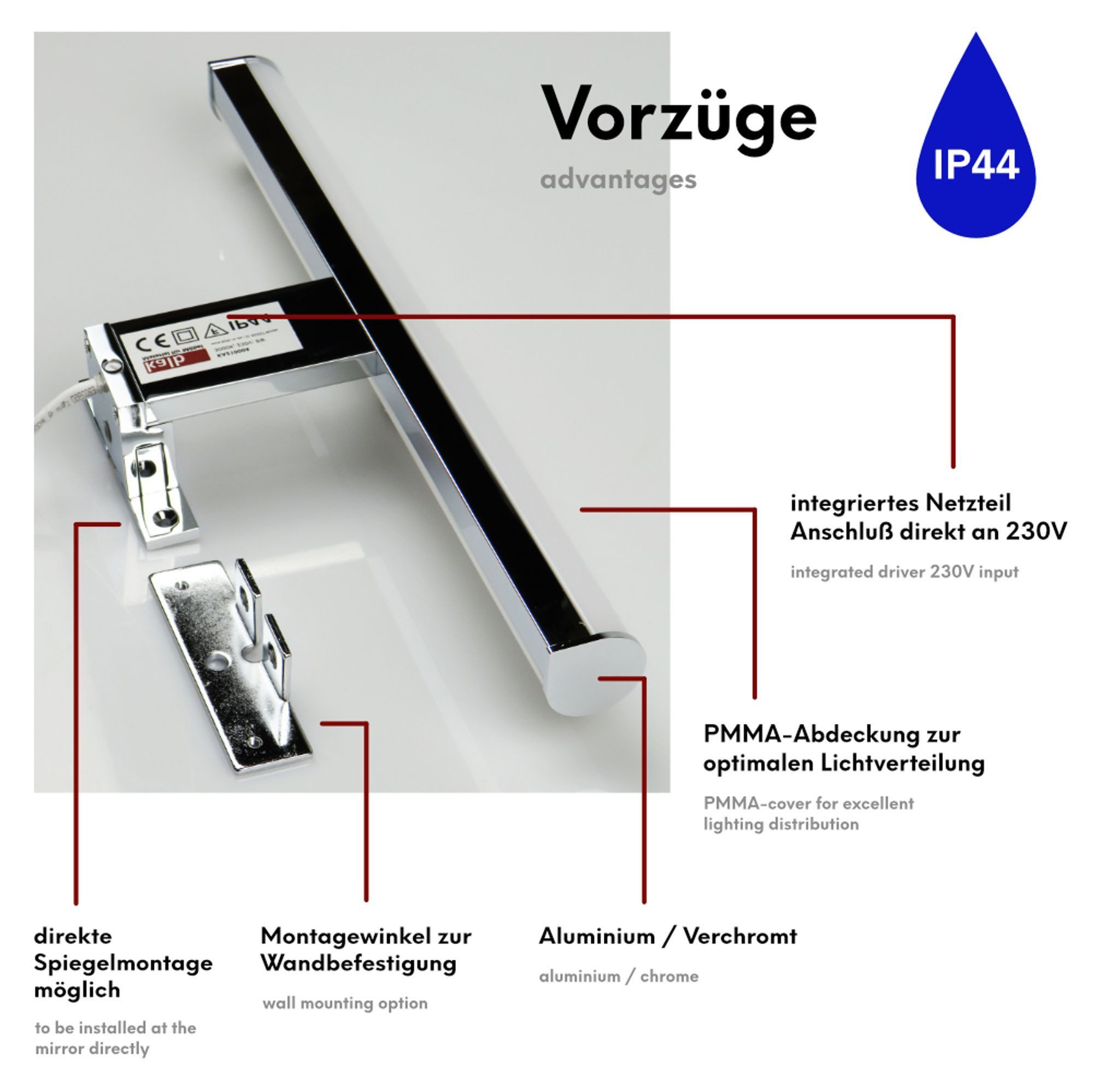 kalb LED Spiegelleuchte LED 300mm Aufbauleuchte 230V Badezimmer Leuchte verchromt, 300mm warmweiß, warmweiß – Bild 3 von 5