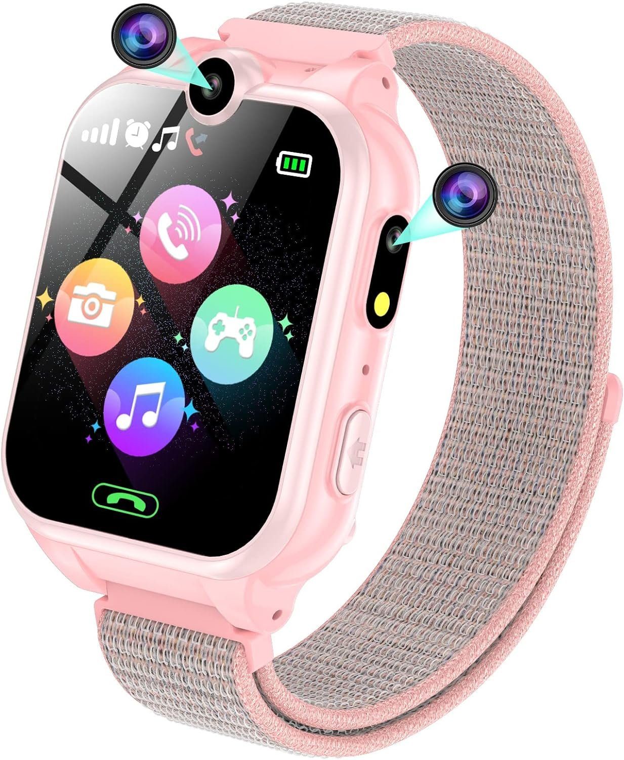 PTHTECHUS für Mädchen Jungen Telefonieren Geschenk Smartwatch (1.68 Zoll, Android / iOS), mit Anruf, SOS, 18 Spiele, Musik, Kamera, Wecker, Taschenlampe