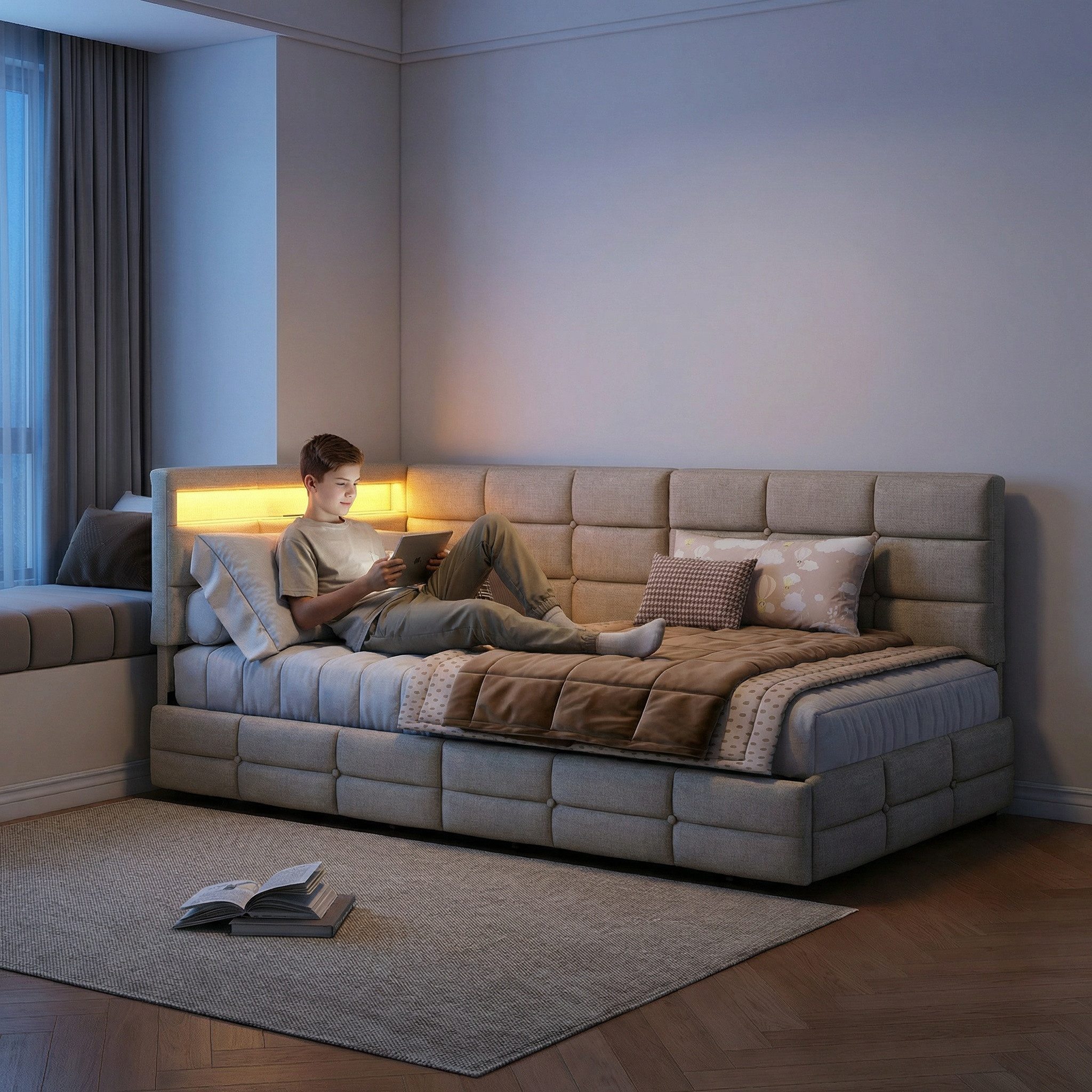 Gdood Polsterbett Daybett Jugendbett Tagesbett (1-tlg., 2 Schubladen, Geeignet für Jungen und Mädchen), Mit LED-Beleuchtung, Ladefunktion, Leinen, 90x200 cm
