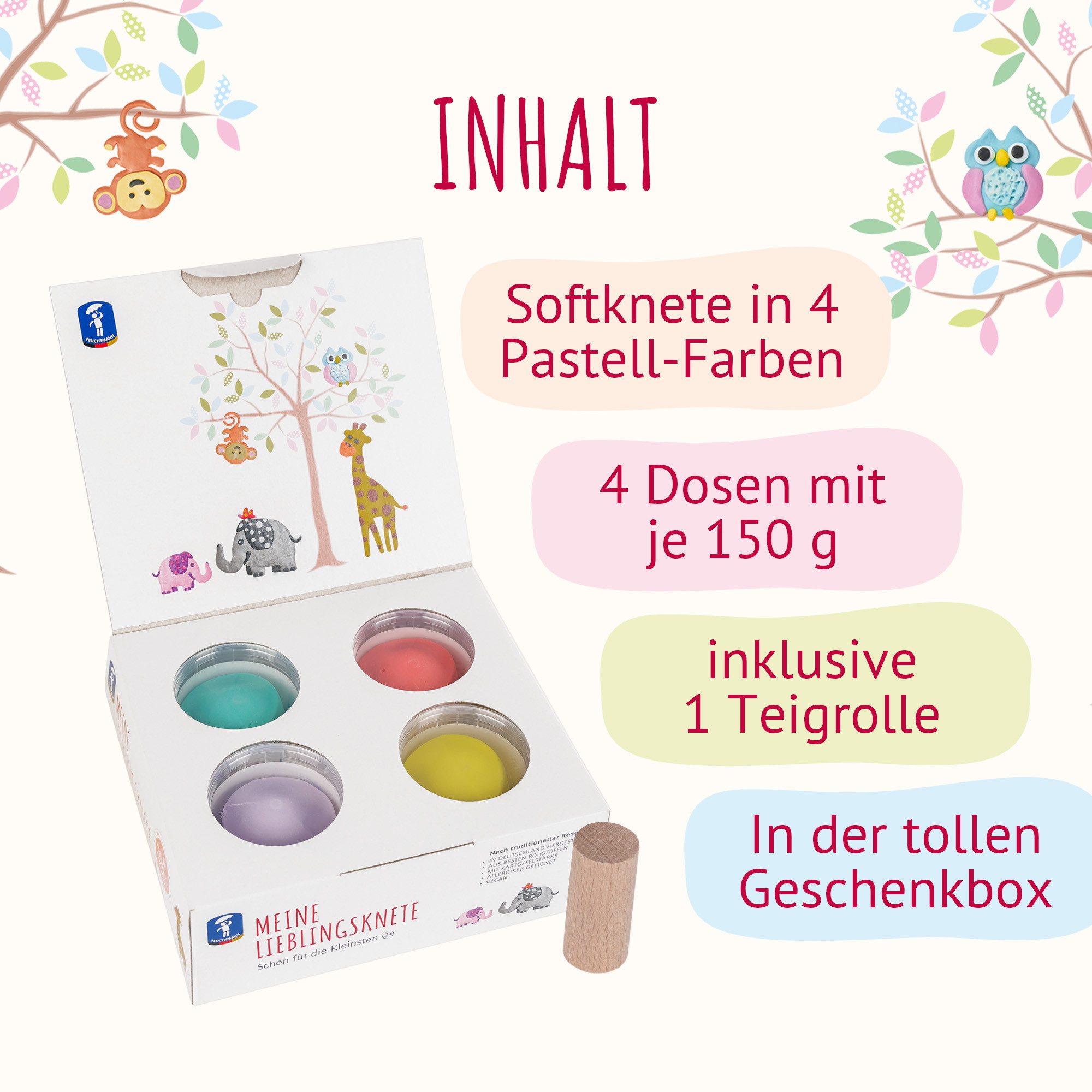 Feuchtmann Knete MEINE LIEBLINGSKNETE Pastell Edition+ (Knetset, 1-tlg., mit Teigrolle), vegane glutenfreie Kinderknete ab 3 Jahren