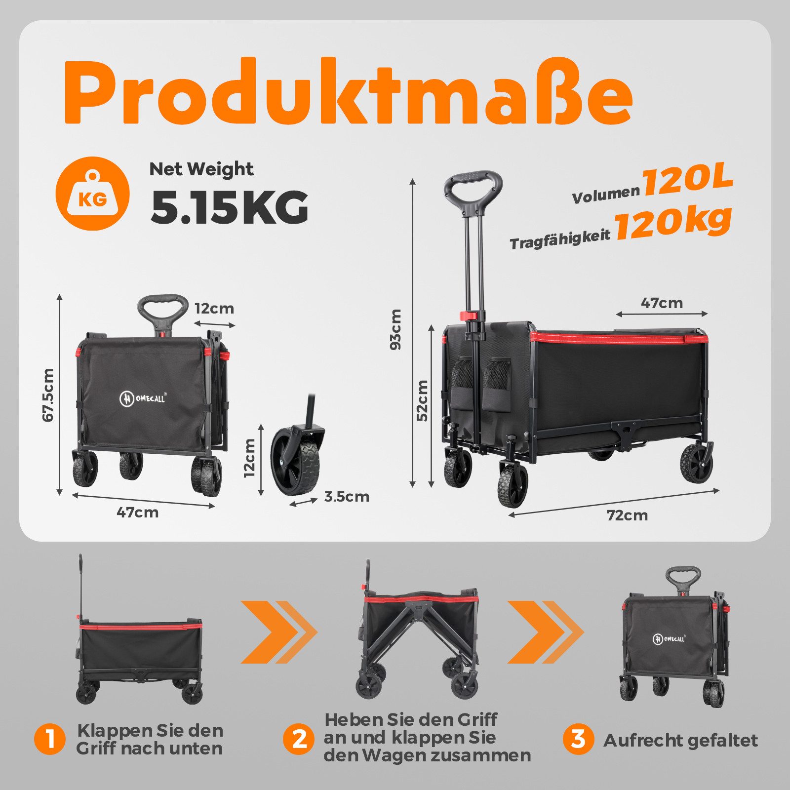 HOMECALL Bollerwagen Kleiner Handwagen Faltbar Gartenwagen kompakt (mit Regenschutz und Getränkehalter), bis 120 kg belastbar, 120 L, Schwar