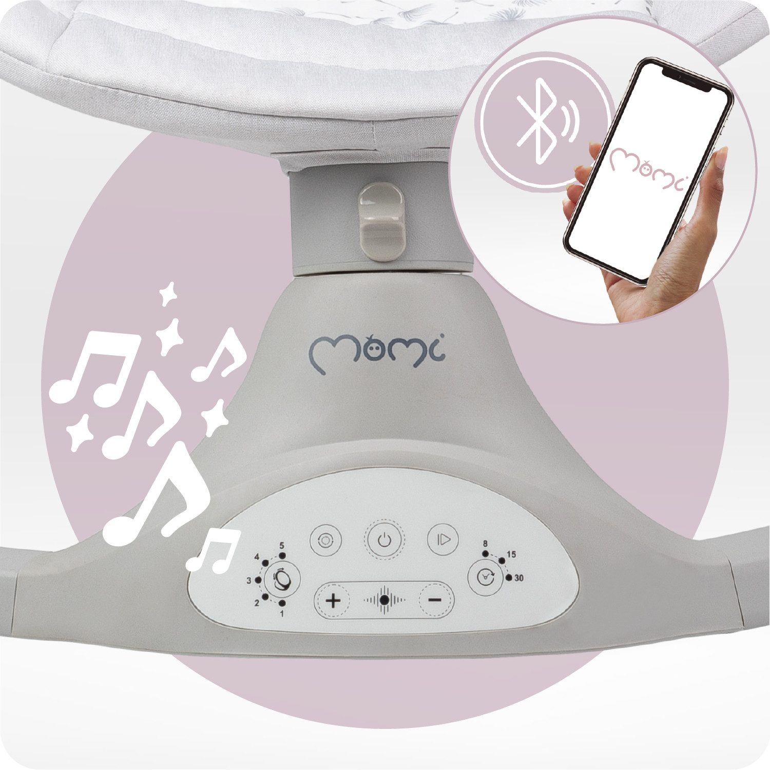 MoMi Babywippe Kenani, Elektrische Babywippe mit Bluetooth und Fernbedienung