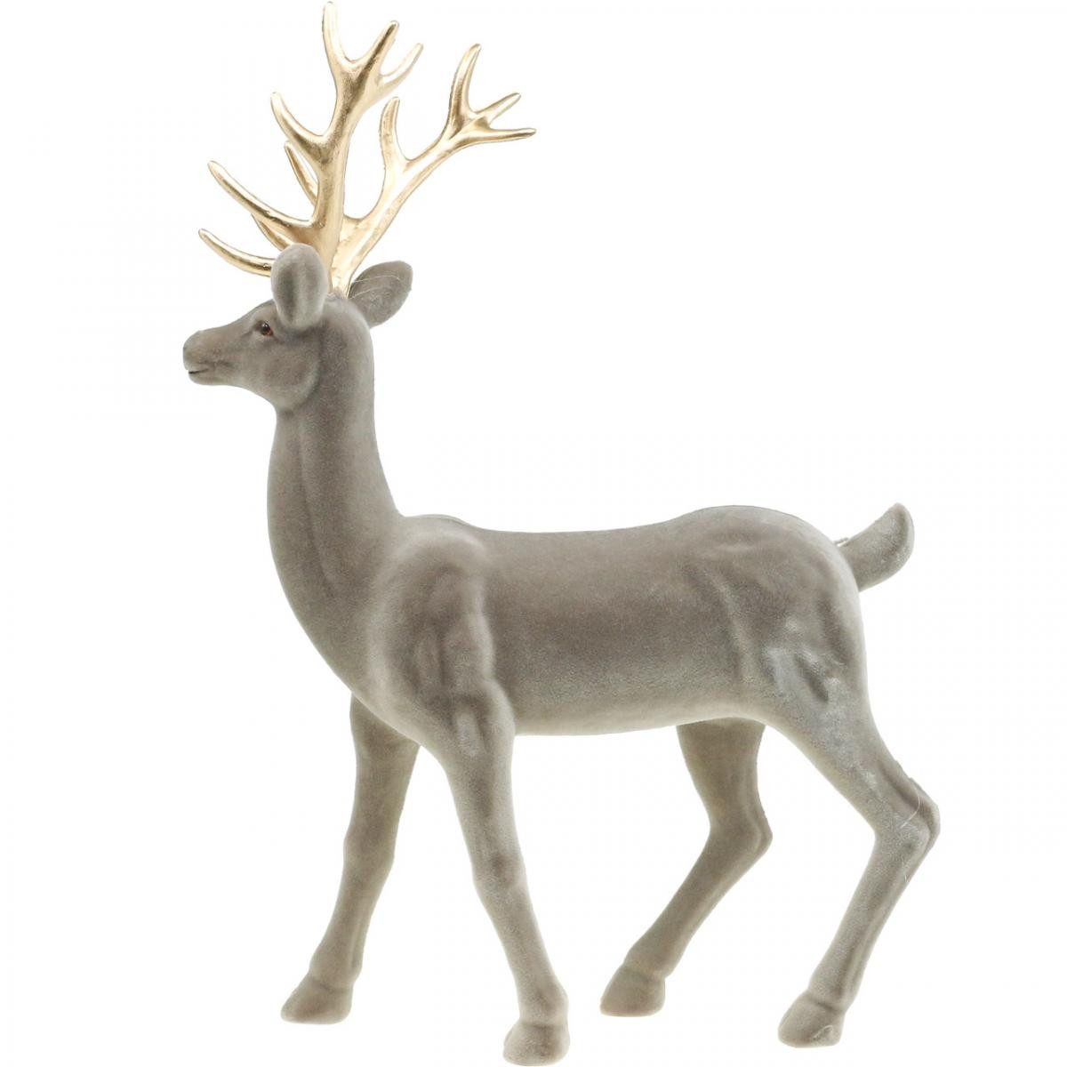 Florists Products Weihnachtsmann Beflockte Dekofigur Hirsch in Grau mit Goldenem Geweih