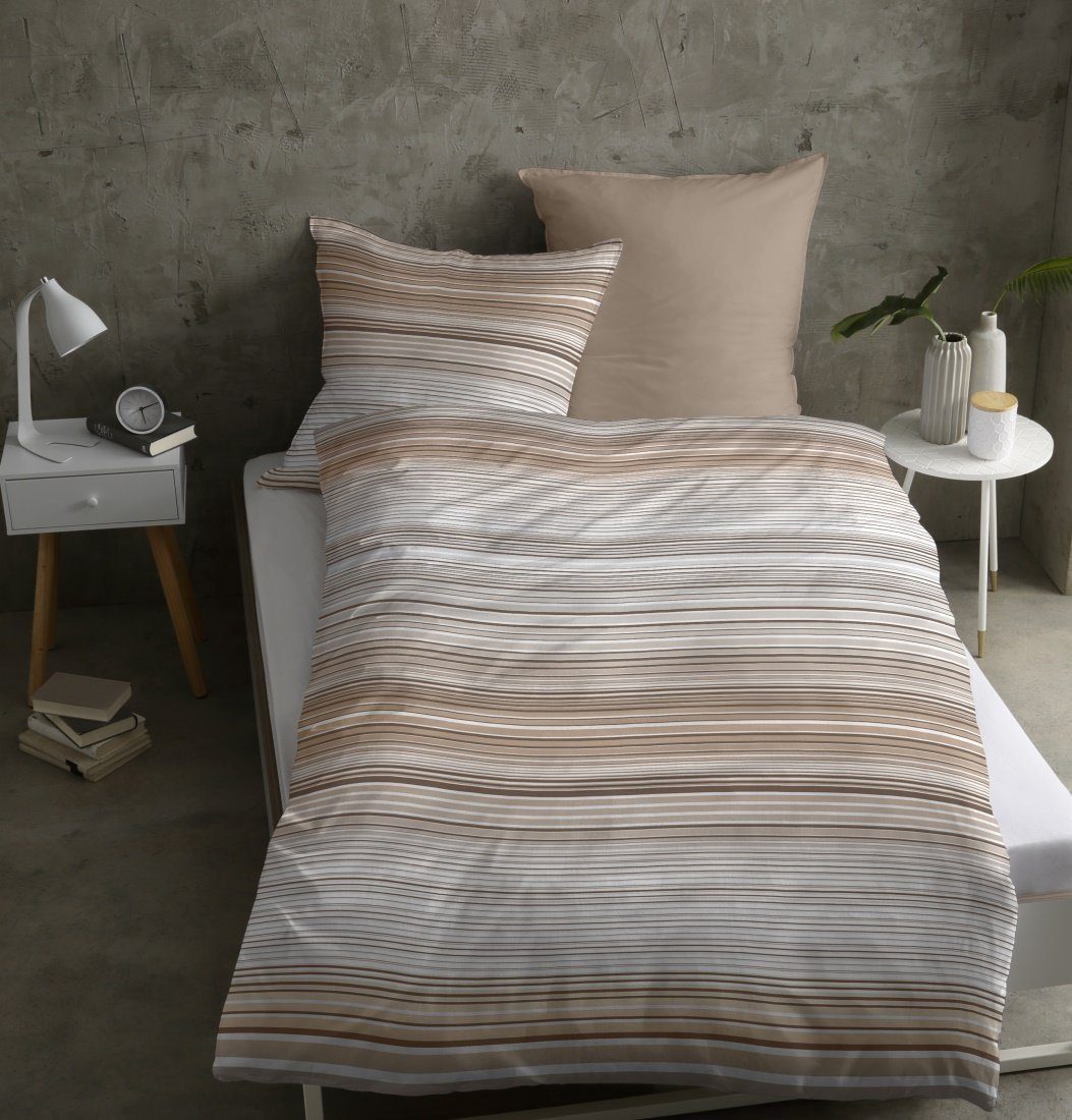 LIVING DREAMS Bettwäsche Bettwäsche-Set NATURAL STRIPES Baumwoll Satin atmungsaktiv, satin, 2 teilig, feine Querstreifen Wende-Bettwäsche hautfreundlich