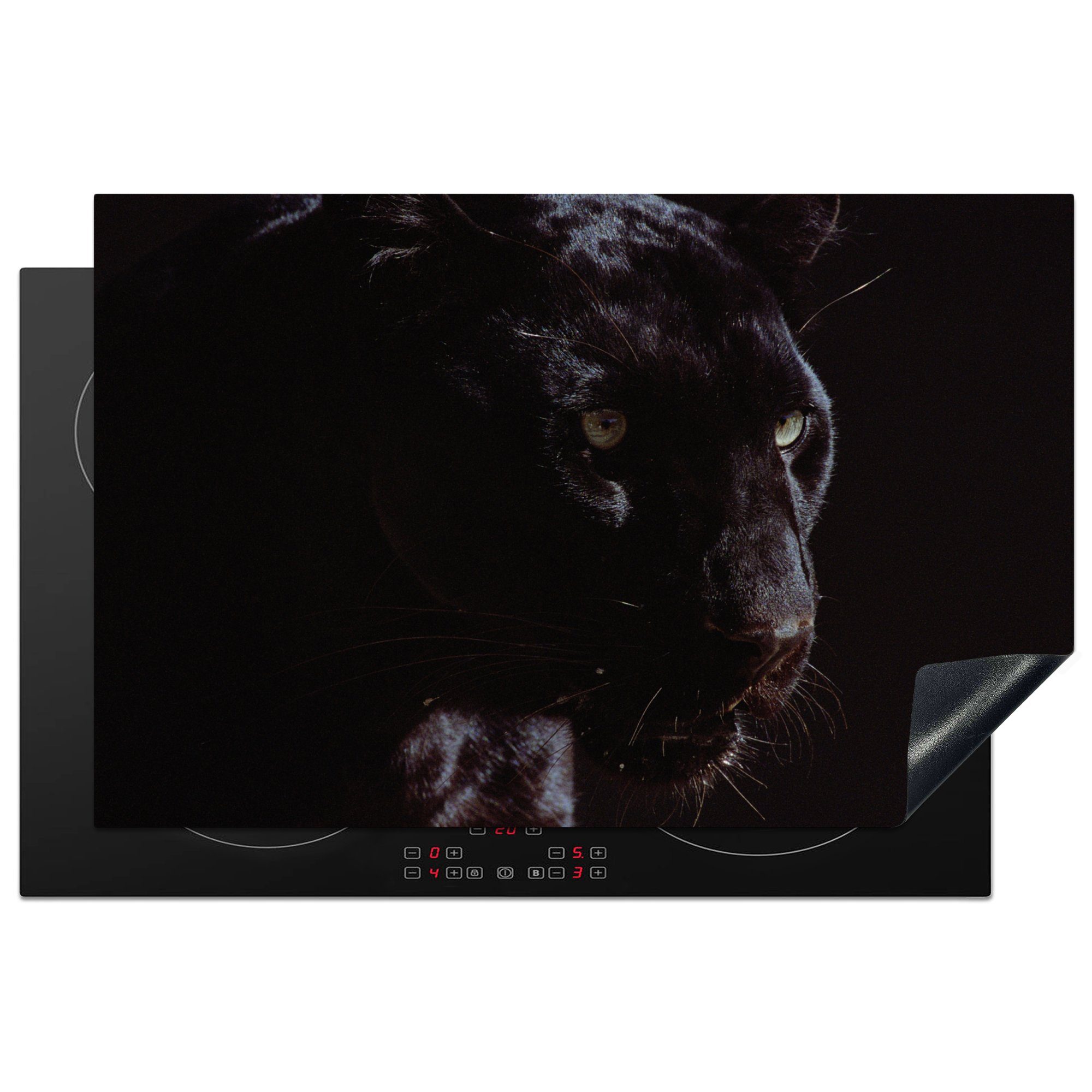 MuchoWow Herdblende-/Abdeckplatte Schwarzer Panther (1 Schutz Ceranfeldabdeckung Hintergrund, schwarzem küche, auf Vinyl, die für cm, Induktionskochfeld 81x52 tlg)