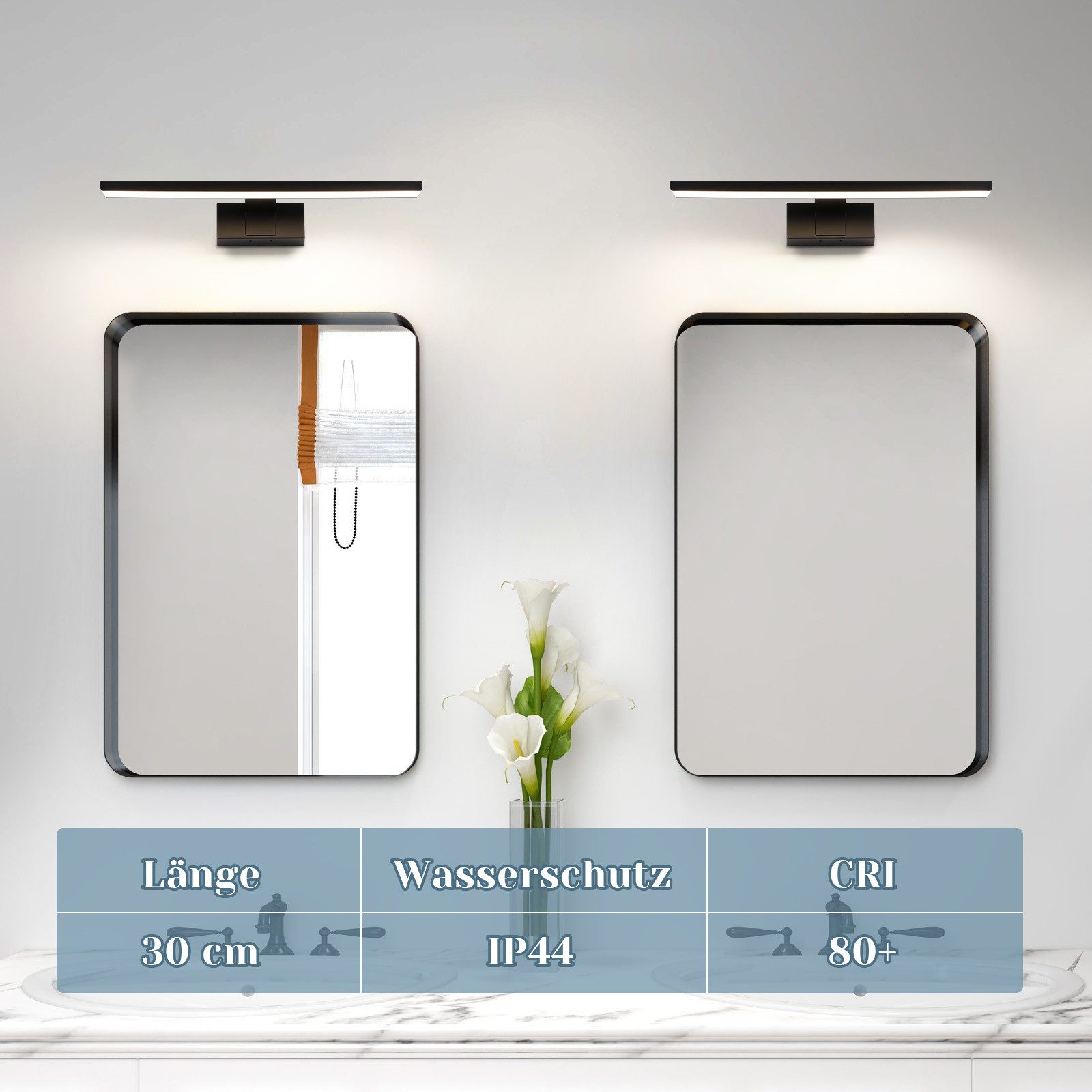ZMH LED Spiegelleuchte Schwarz 30/40/60CM Spiegellampe 4000 K neutralweiß, LED fest integriert, Neutralweiß, Wandlampe für Spiegel und Schminkbereich