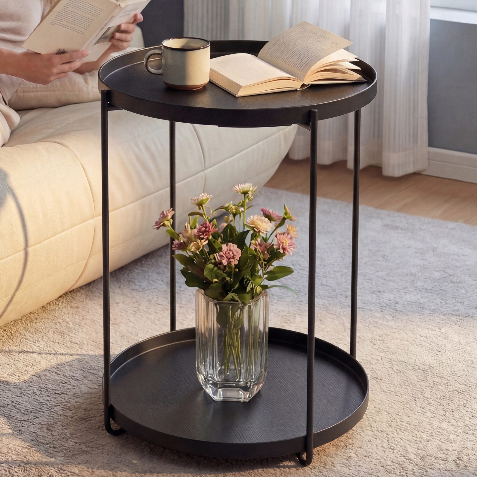 doporro Beistelltisch Couchtisch kleiner Tisch mit 1/2 geflochtenen Ablagen rund Reglo-08, Zwei Materialien zur Auswahl