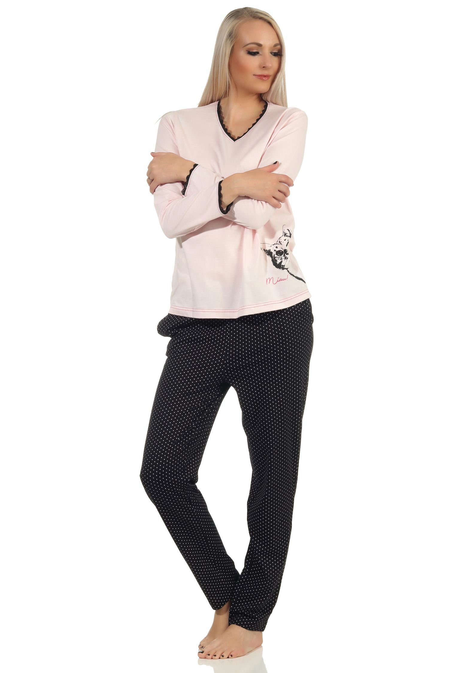 Normann Pyjama Süsser Damen Schlafanzug langarm als Pyjama Katze mit Motiv rosa