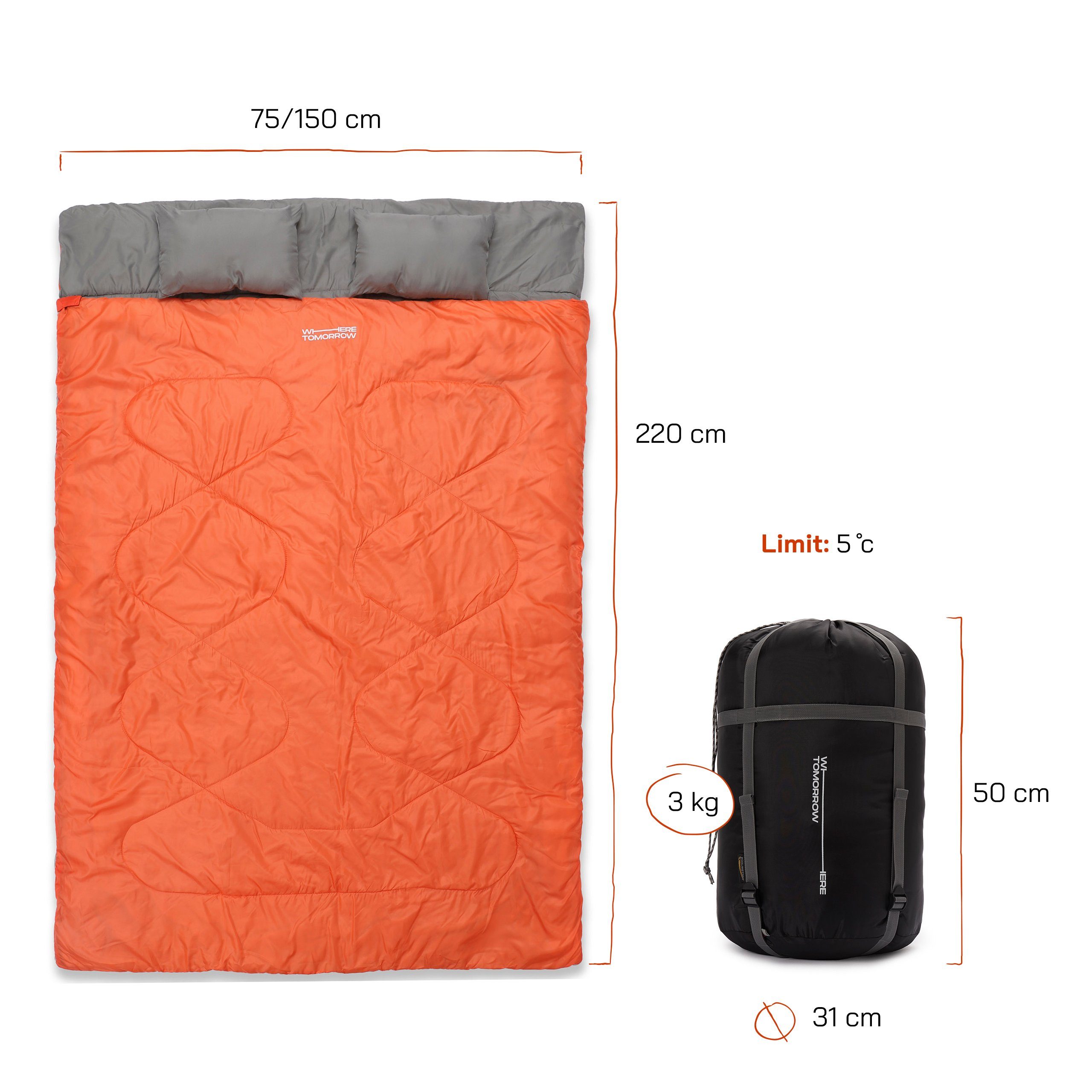 Schlafsack Orange Hüttenschlafsack Doppelschlafsack 2-Personen Kopfkissen, wasserabweisend, 190x30x150cm groß atmungsaktiv - Lumaland