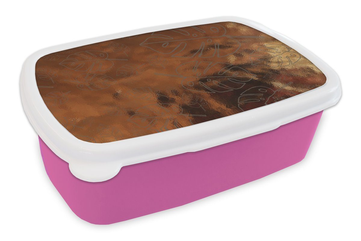 MuchoWow Lunchbox Muster rosa - Luxus (2-tlg), - Brotbox Kunststoff, für Erwachsene, Brotdose Mädchen, Kunststoff Snackbox, Kinder, Blätter