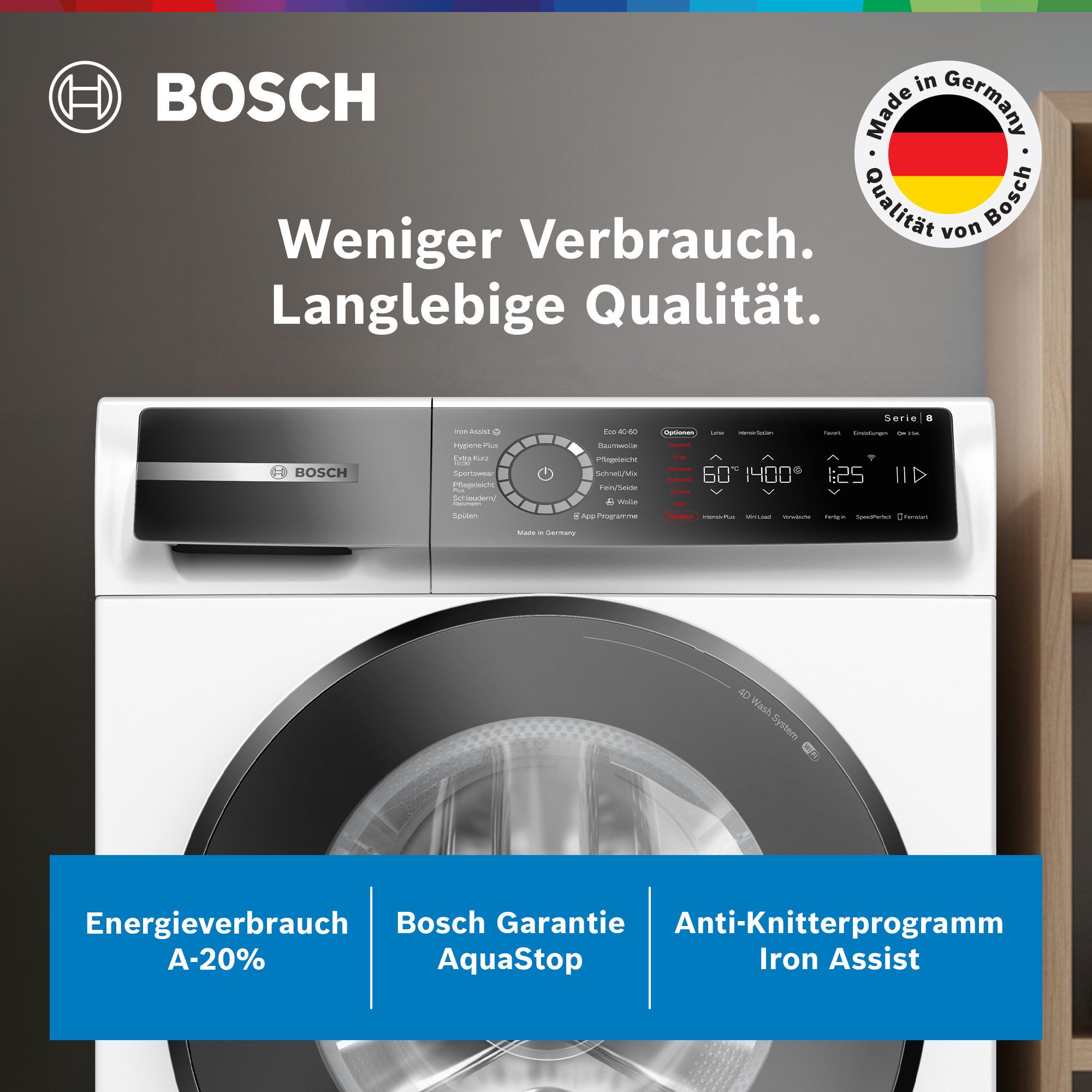 BOSCH Waschmaschine Serie 8 WGB244040, 9 kg, 1400 U/min, Knitter-Programm Iron Assist, Speed Perfect, Easy Start, Home Connect