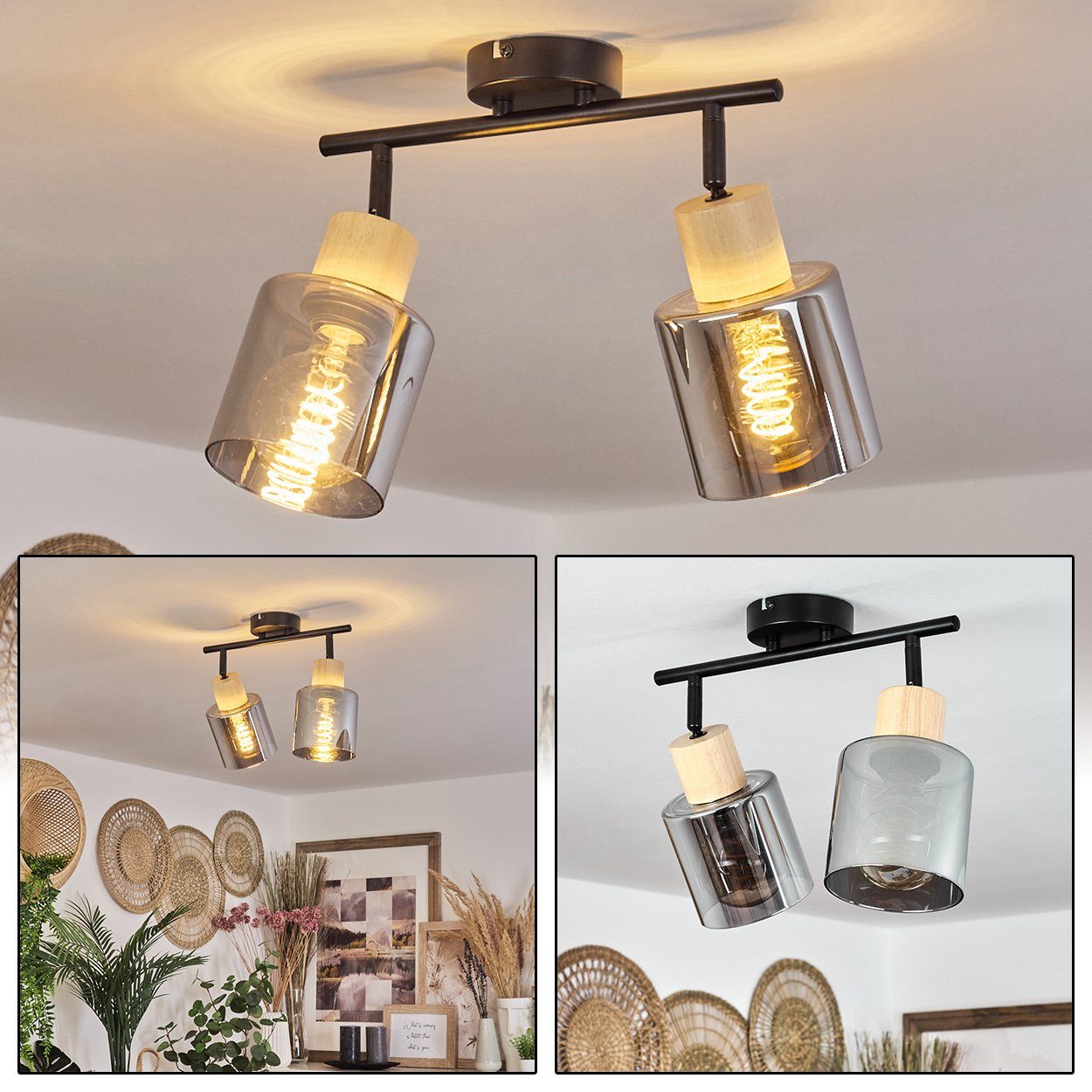 hofstein Deckenleuchte »Acereto« Deckenlampe aus Metall/Holz/Glas, günstig online kaufen