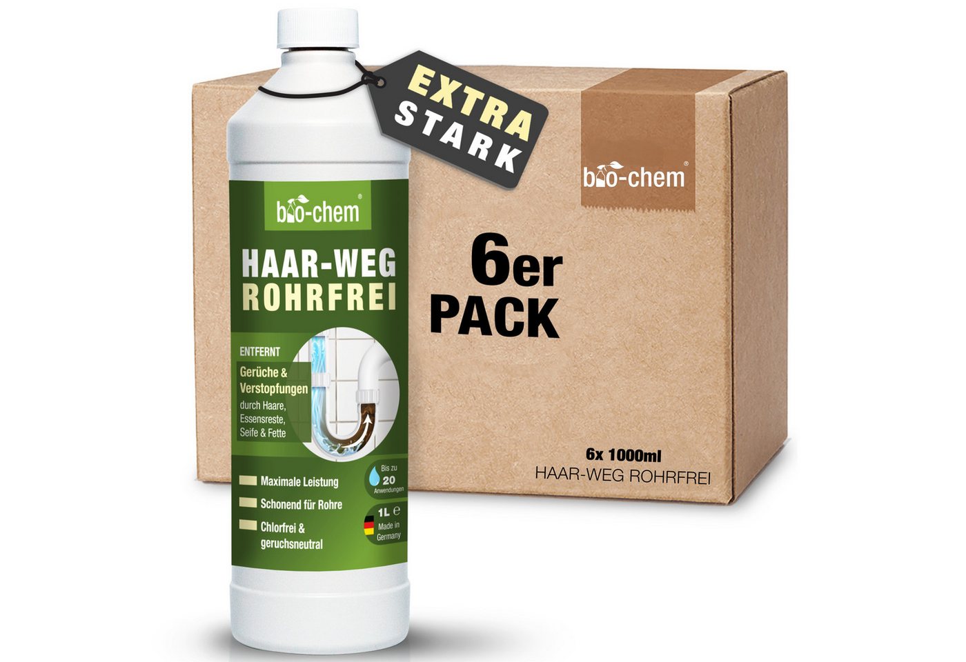 bio-chem Abflussreiniger EXTRA STARK 6x 1 L Profi Rohrreiniger, Geruchsneutral Rohrreiniger (Sparpaket, [- HAAR-WEG Abflussfrei 6x 1 l Chlorfrei und geruchsneutral – sicher in Anwendung)