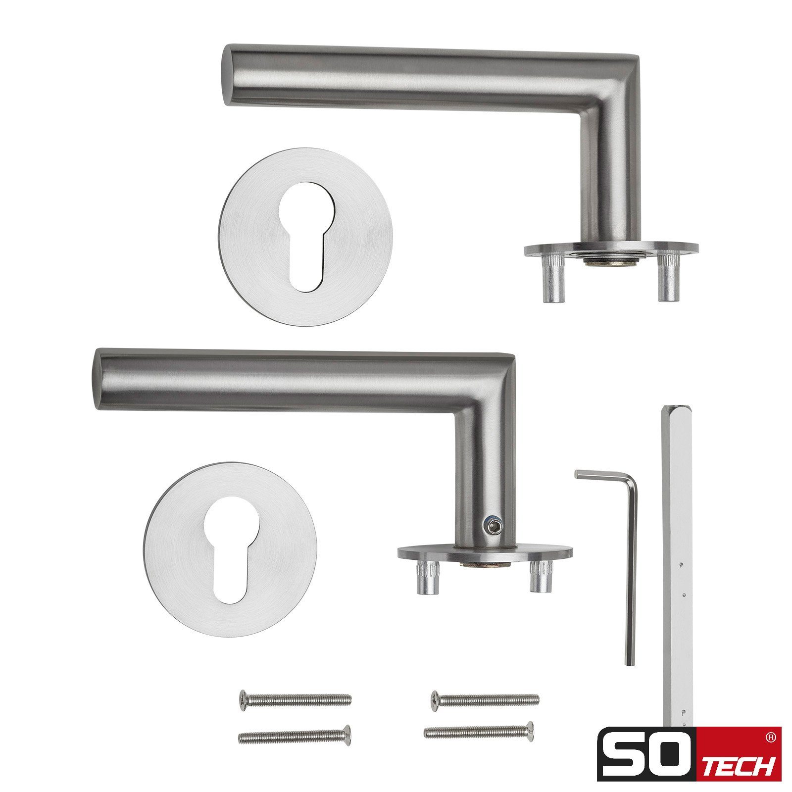 SO-TECH® Drückergarnitur THORE Edelstahl, Flachrosetten, magnetische Cliptechnik, Buntbart Türgarnitur für Zimmertür Edelstahl gebürstet