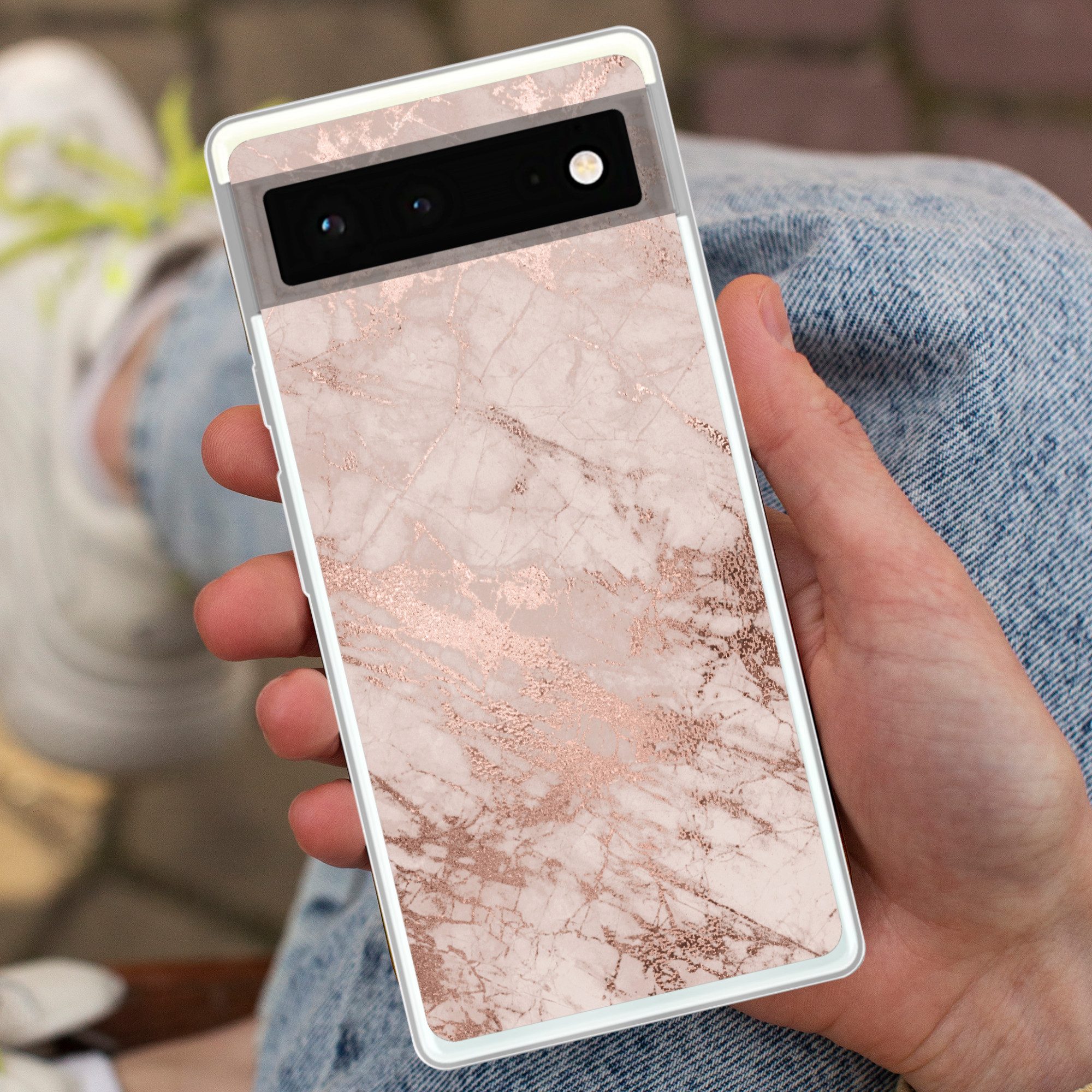 MuchoWow Handyhülle für Google Pixel 6 Marmor - Rosa - Luxus - Marmoroptik - Glitzer - Des, Handy Case, Silikon, Bumper Case Dünn