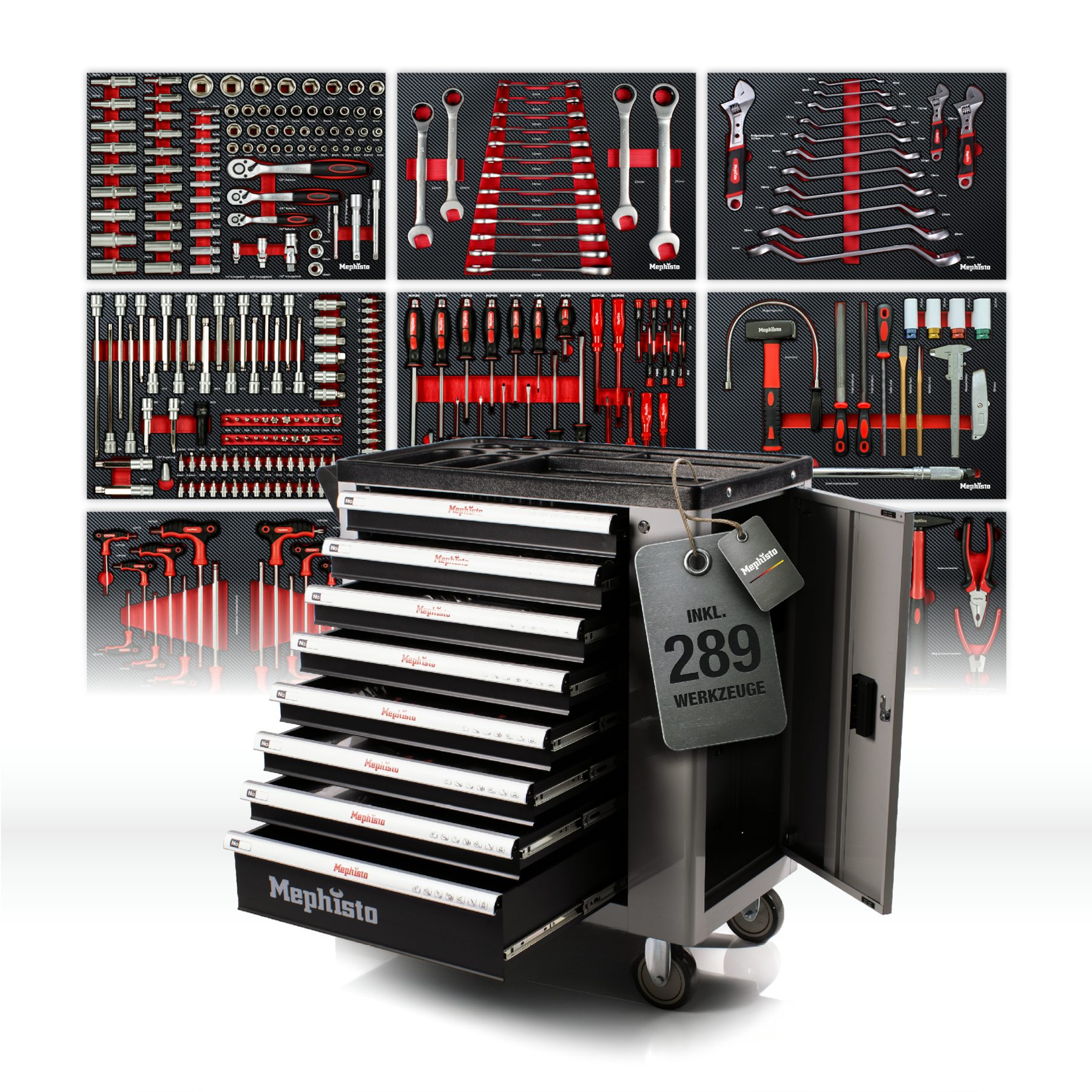 Mephisto-Tools Werkzeugwagen, (fertig montiert und bestückt), Schubladen abschließbar und bis zu 35 kg belastbar, 2 Schlüssel inkl.