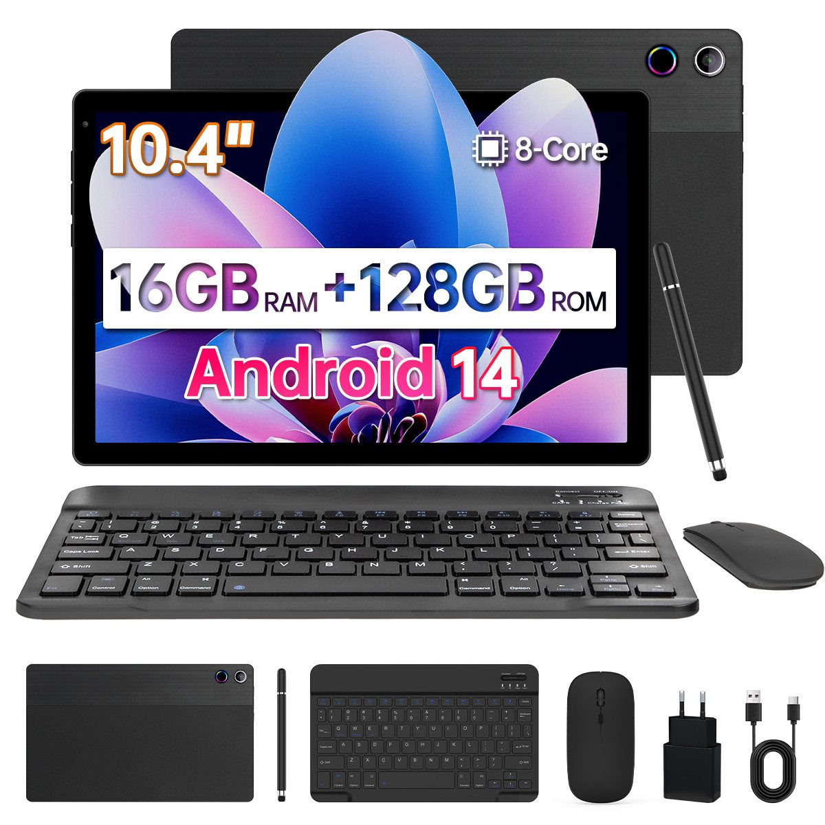 Happybe 10,4’’ Android, 128GB, HD 1280x800, Widevine L1, 5G/2,4G WiFi, 5000mAh Tablet (10,4", 128 GB, Android, WiFi 6, Android 14, Octa-Core-Prozessor, mit Tastatur/Maus/Stift)
