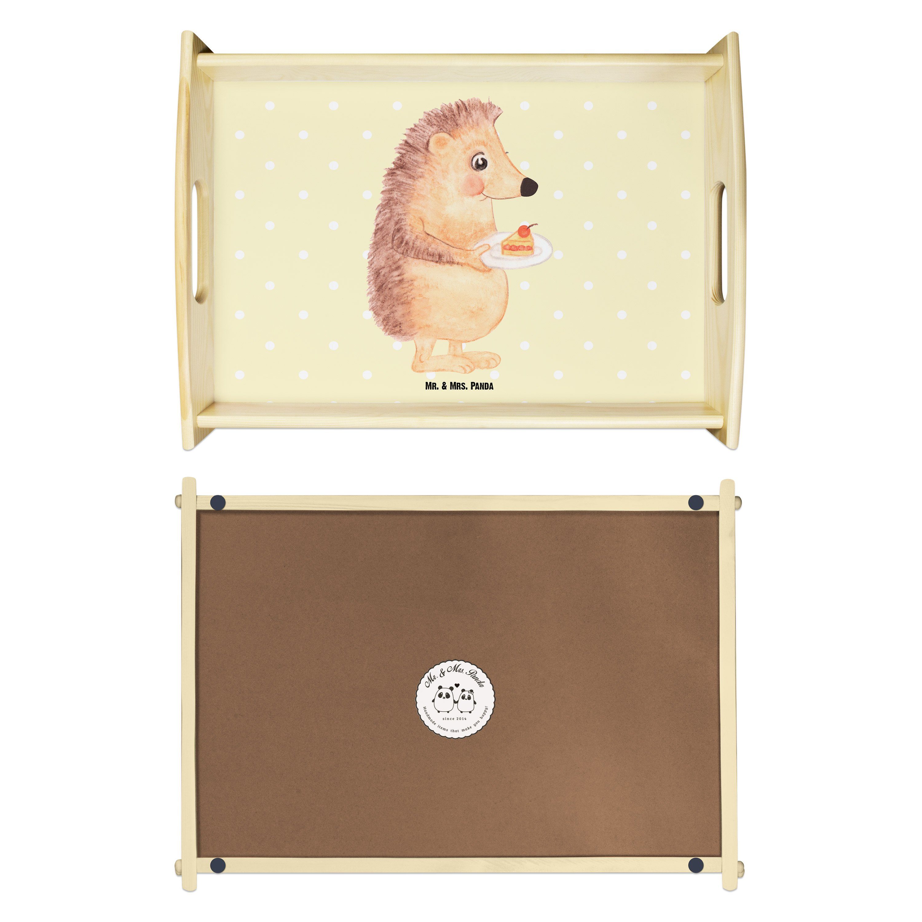 Mr. & Mrs. Panda Tablett T, Kuchenstück mit Pastell Geschenk, - Gelb Igel Dekotablett, - Tiere, (1-tlg) Echtholz lasiert